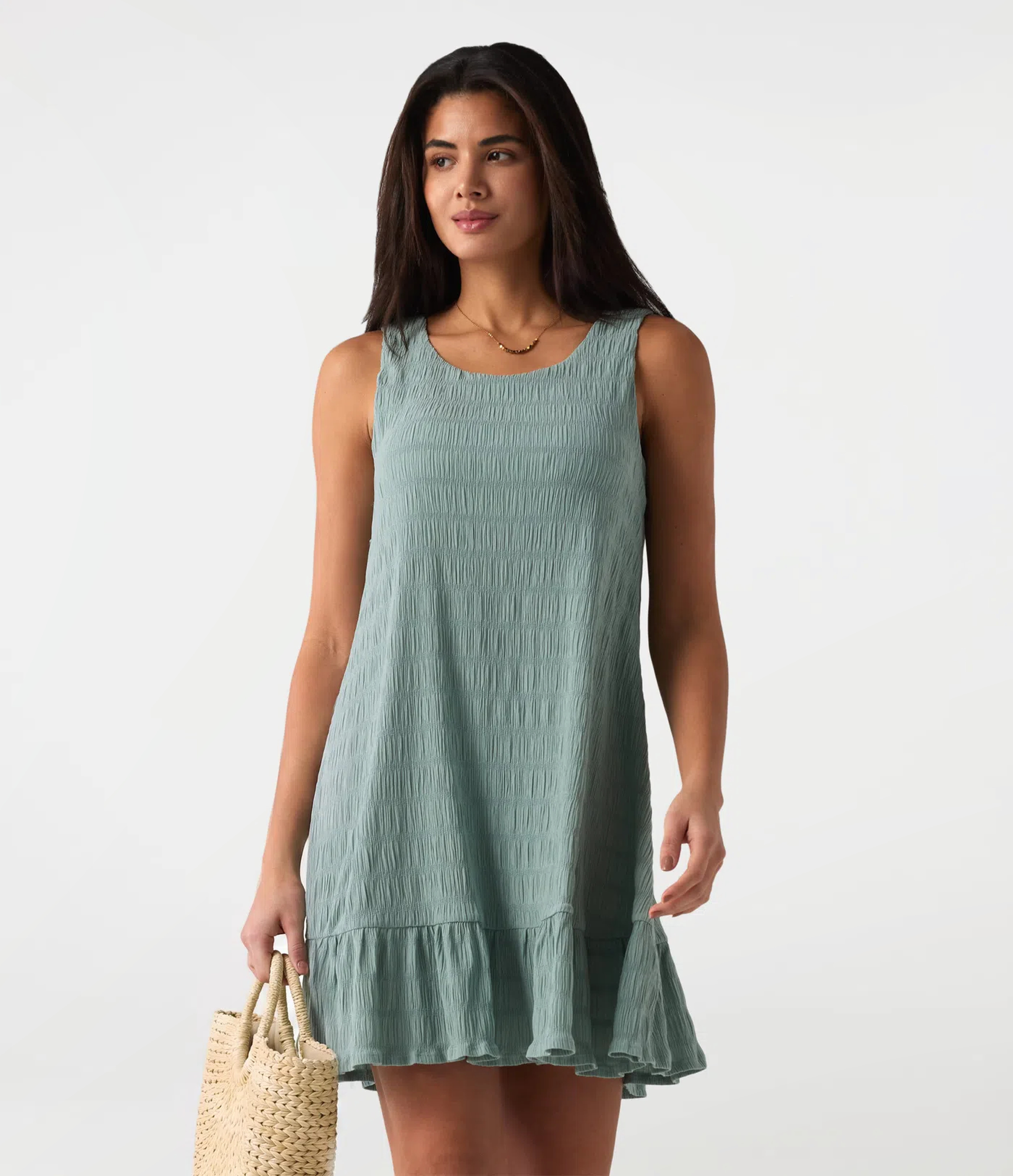 Round Neck Built-in Bra Sleeveless Ruffle Hem Mini Casual Dress