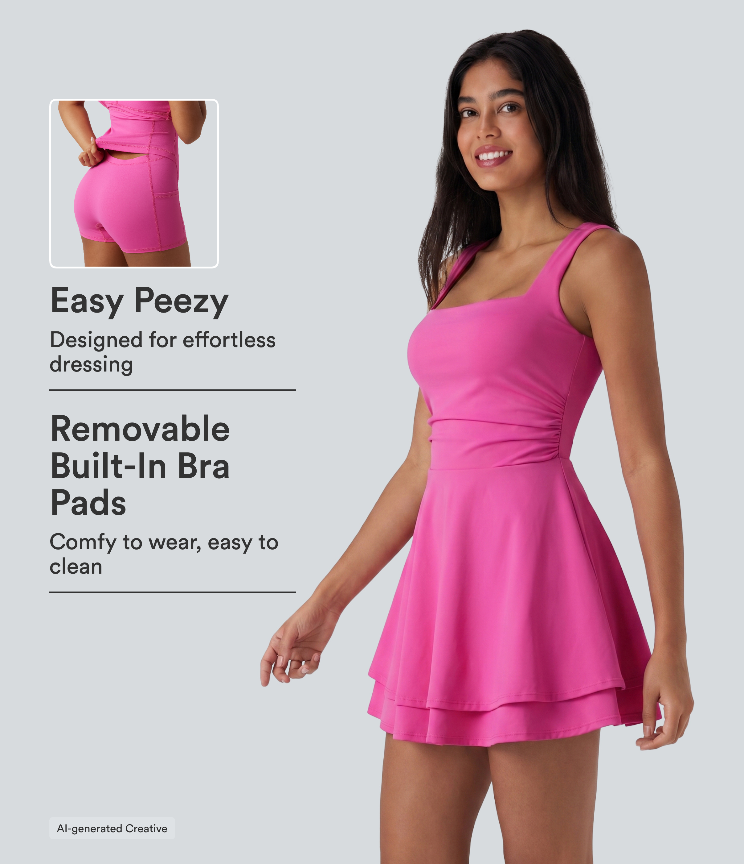 SoftlyZero™ Airy Square Neck Built-in Bra Sleeveless 2-in-1 Layered InstantCool Mini Yoga Active Dress with Pockets-Easy Peezy Edition