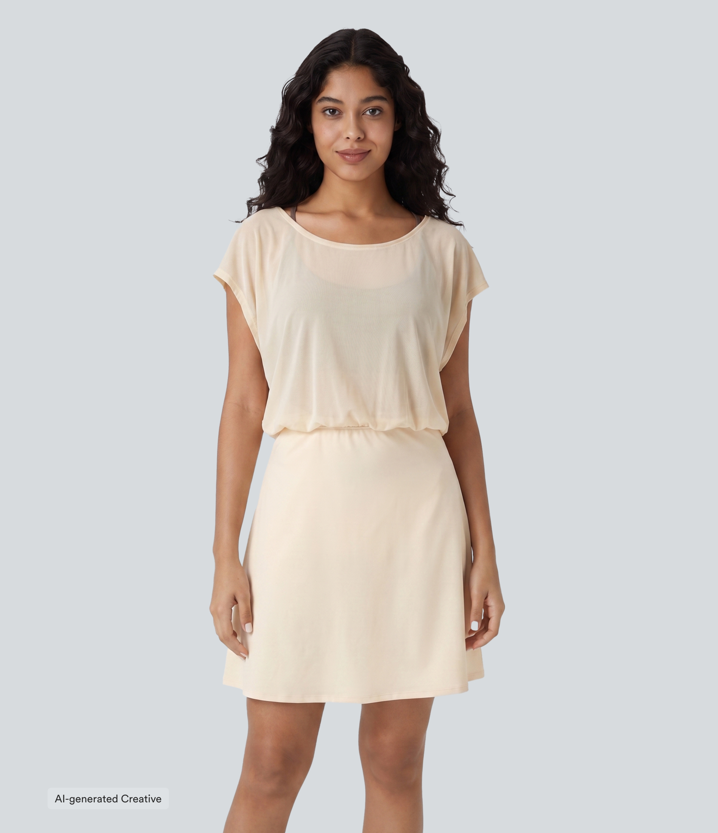 Solitary Star SoftlyZero™ vestido mini deportivo 2 en 1 para yoga en tejido tipo plush suave, con escote barco, manga corta y bolsillos — Edición Easy Peezy / 1