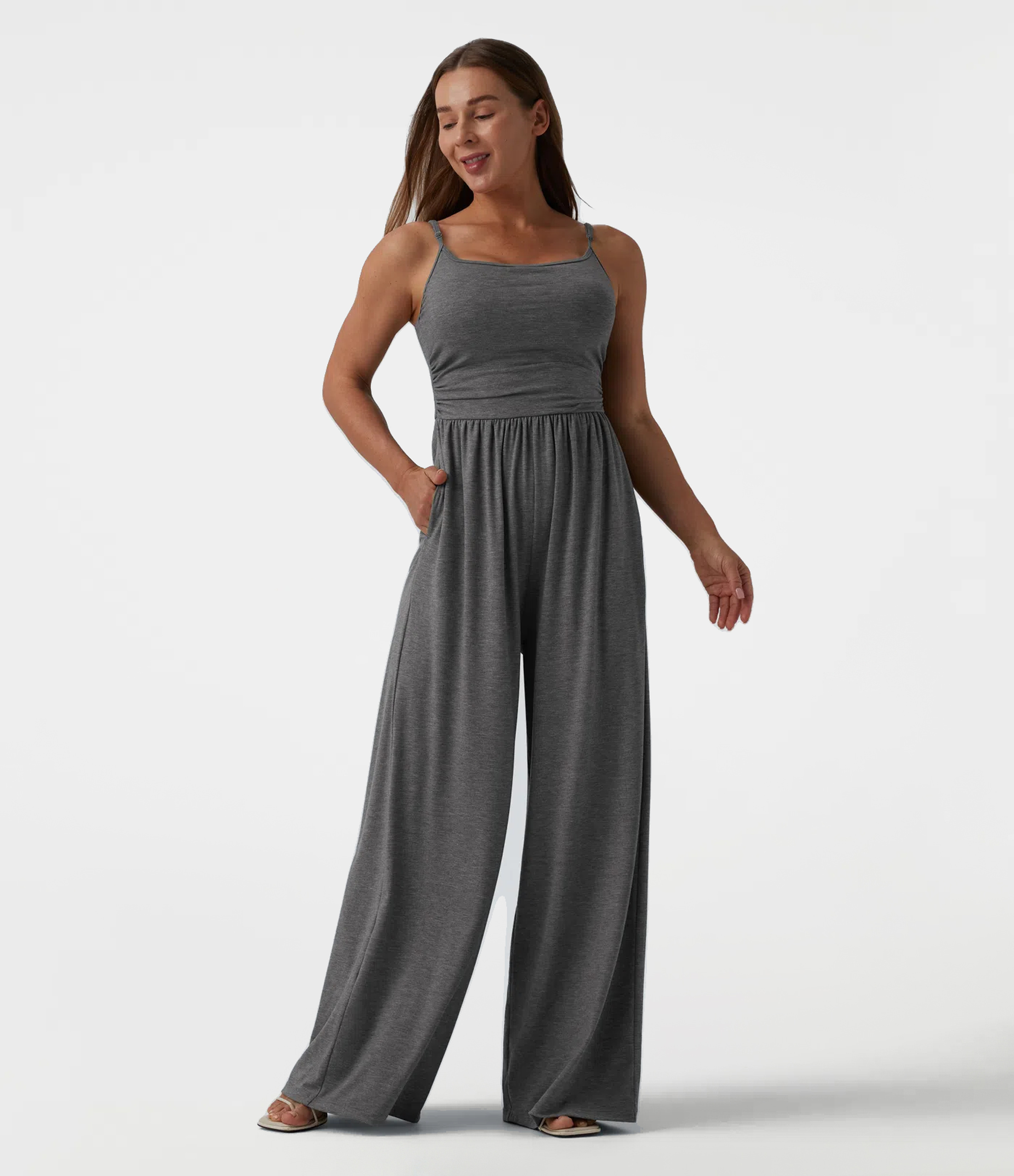 Adjustable Straps Ruched Wide Leg Heathered Casual Jumpsuit with Pockets-Easy Peezy