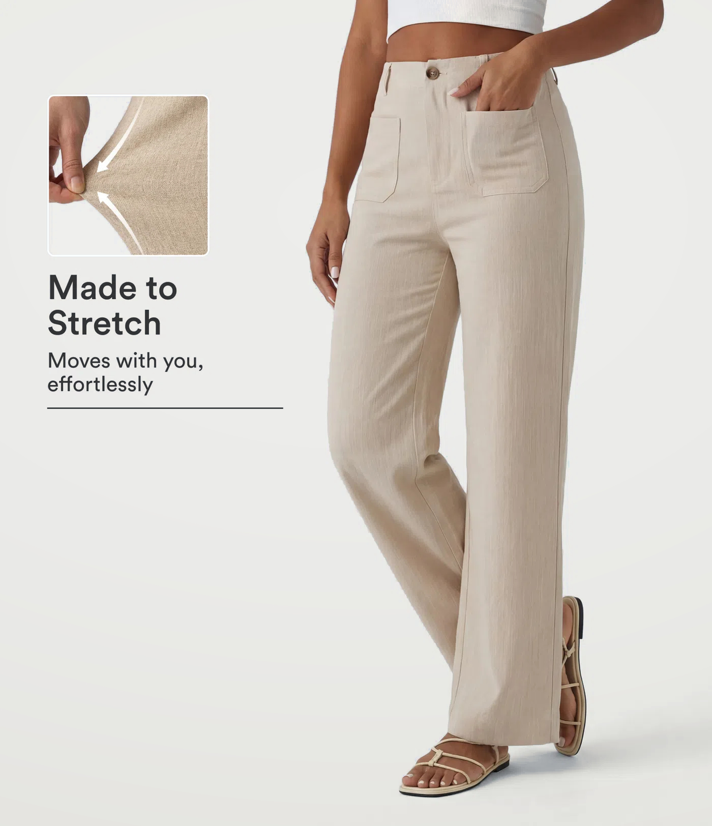 High Waisted Straight Leg Casual Linen-Feel Pants with Pockets