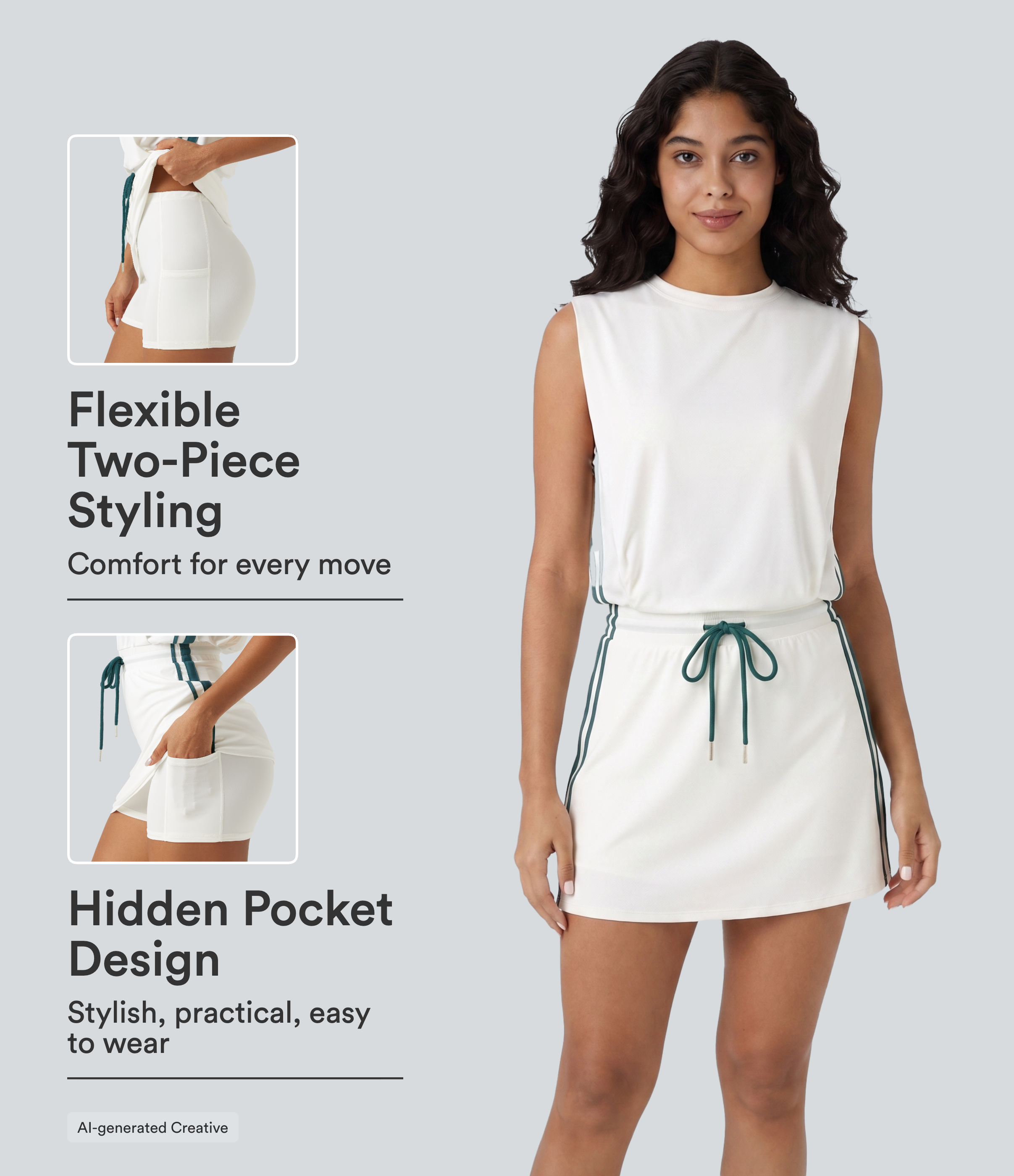 Round Neck Sleeveless Drawstring Side Stripe 2-Piece Cool Touch Mini Workout Active Dress with Pockets-UPF50+