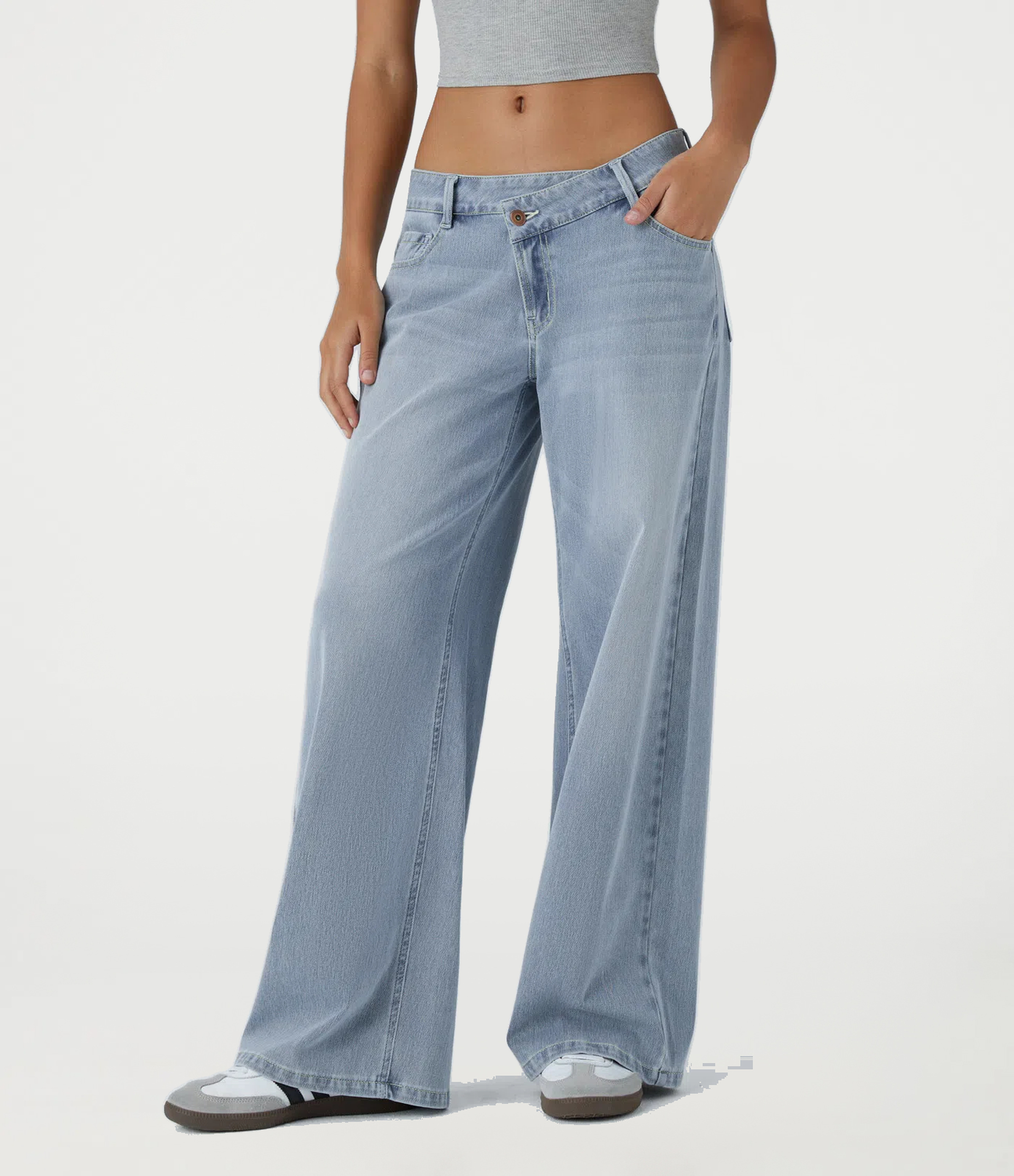 Halara Flex™ Asymmetric Low Rise Zipper Pockets Baggy Wide Leg Washed Casual Jeans