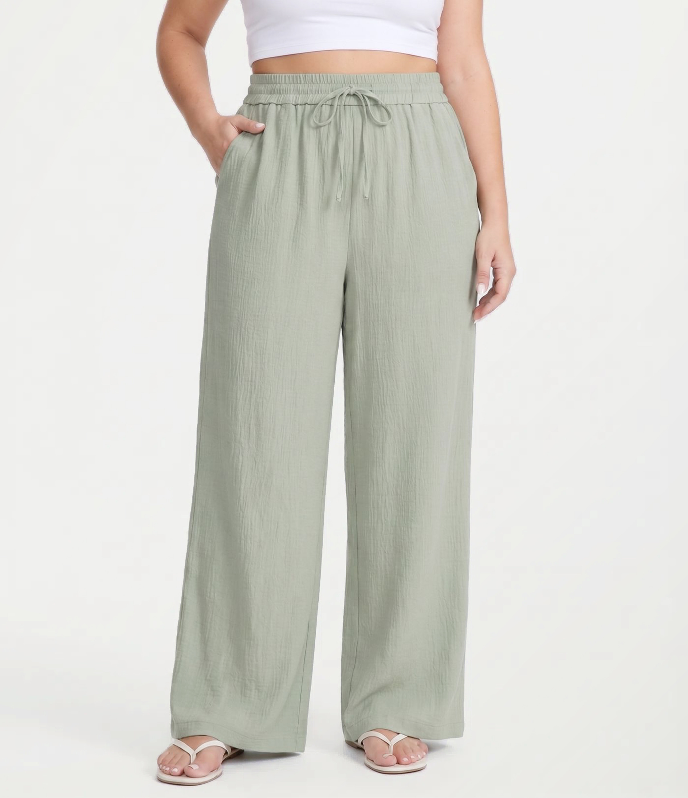 High Waisted Drawstring Linen-Feel Wide Leg Casual Plus Size Pants with Pockets