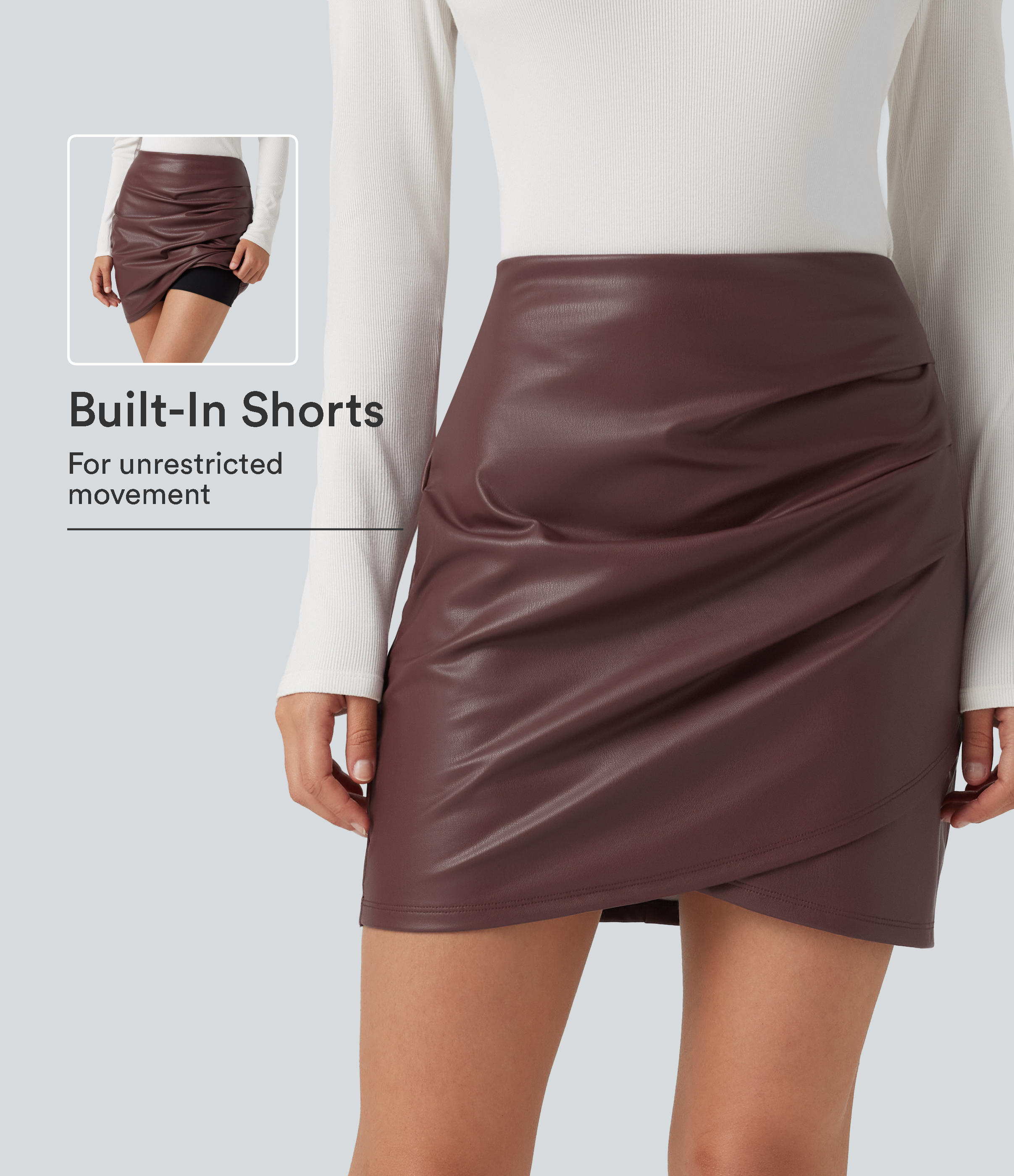 High Waisted 2-in-1 Ruched Crossover Hem Bodycon Fleece Mini Casual PU Leather Skirt