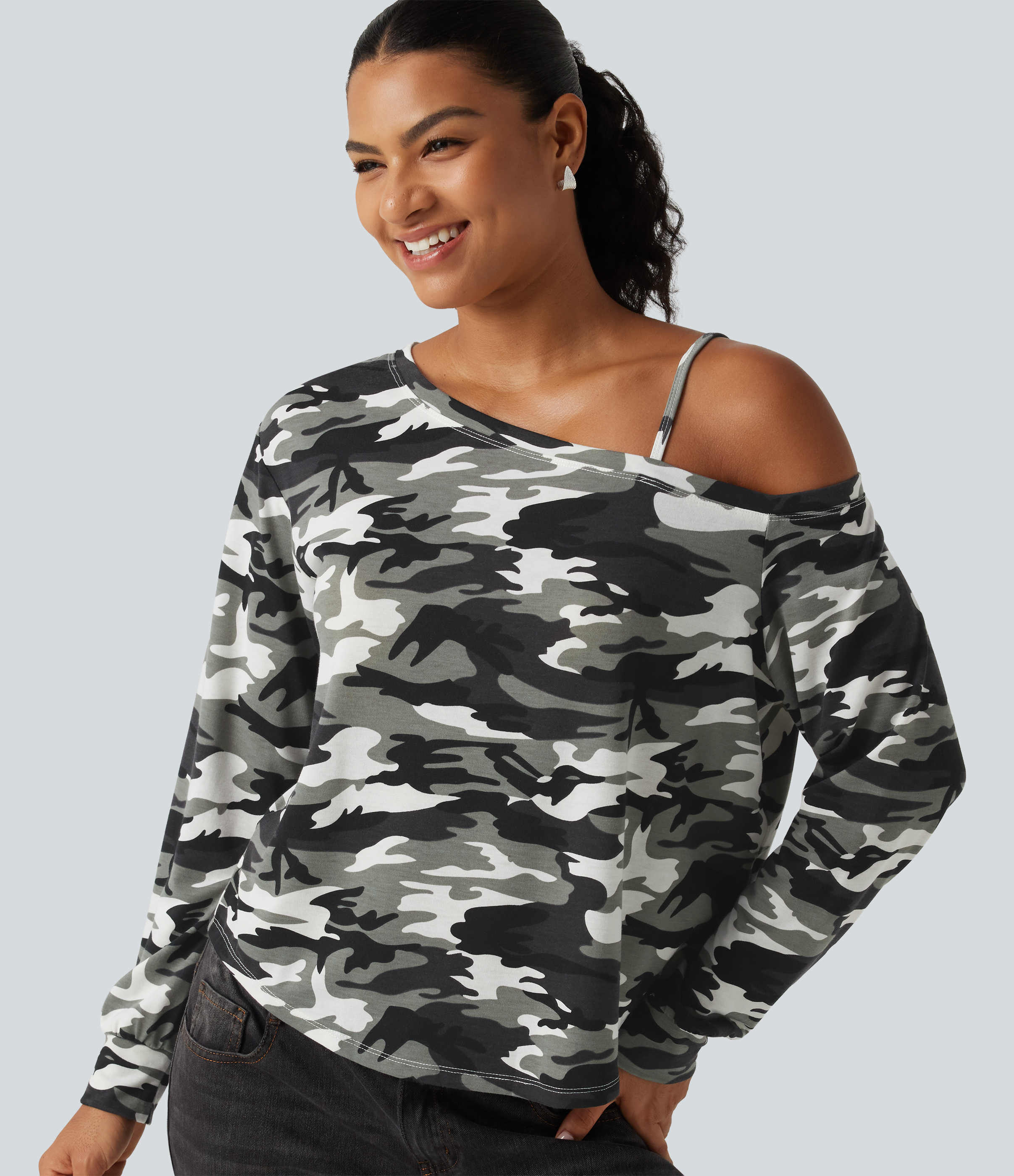 One Shoulder Long Sleeve Camo Casual Top