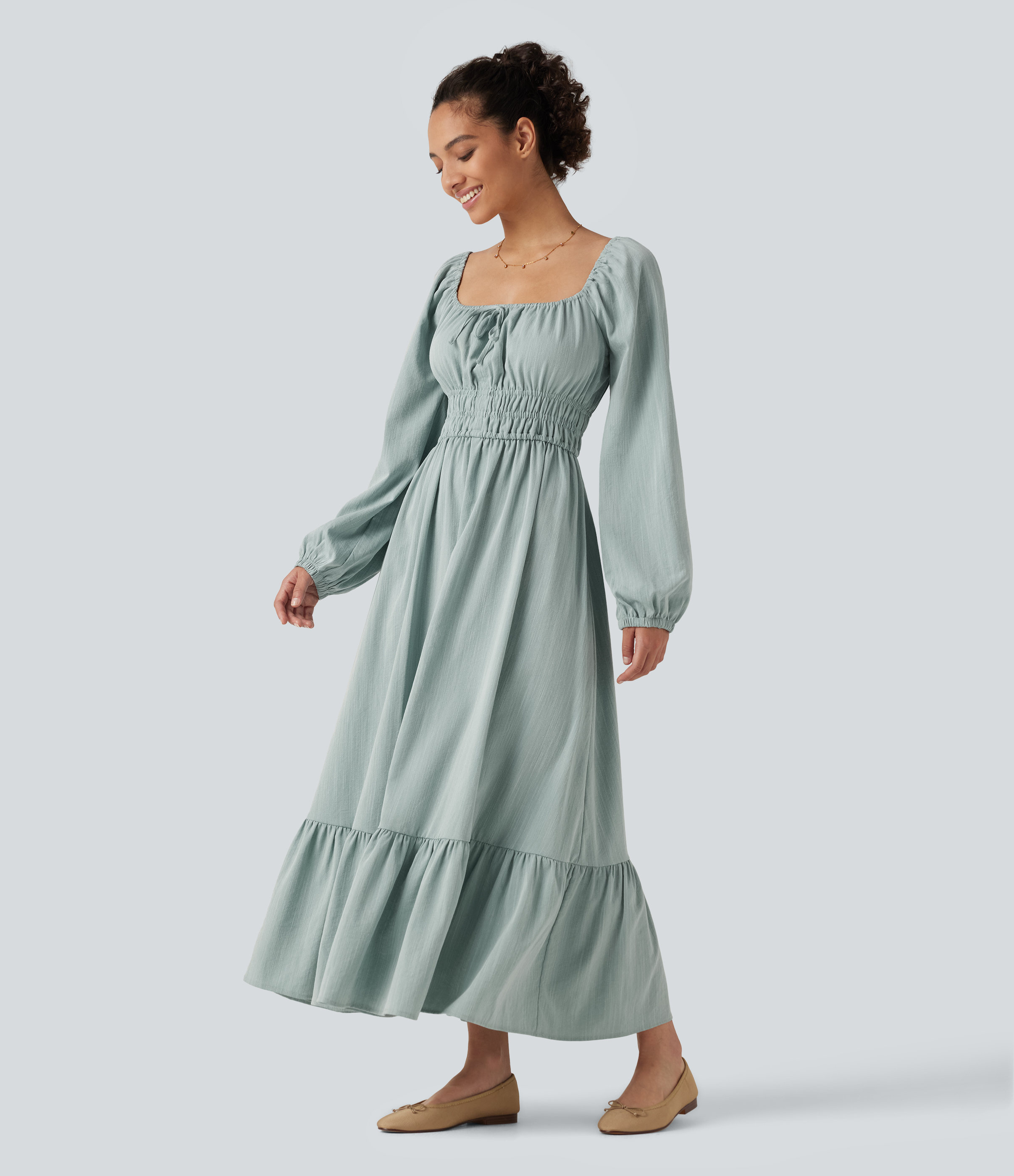Square Neck Long Sleeve Tie Front Flowy Midi Casual Linen-Feel Dress