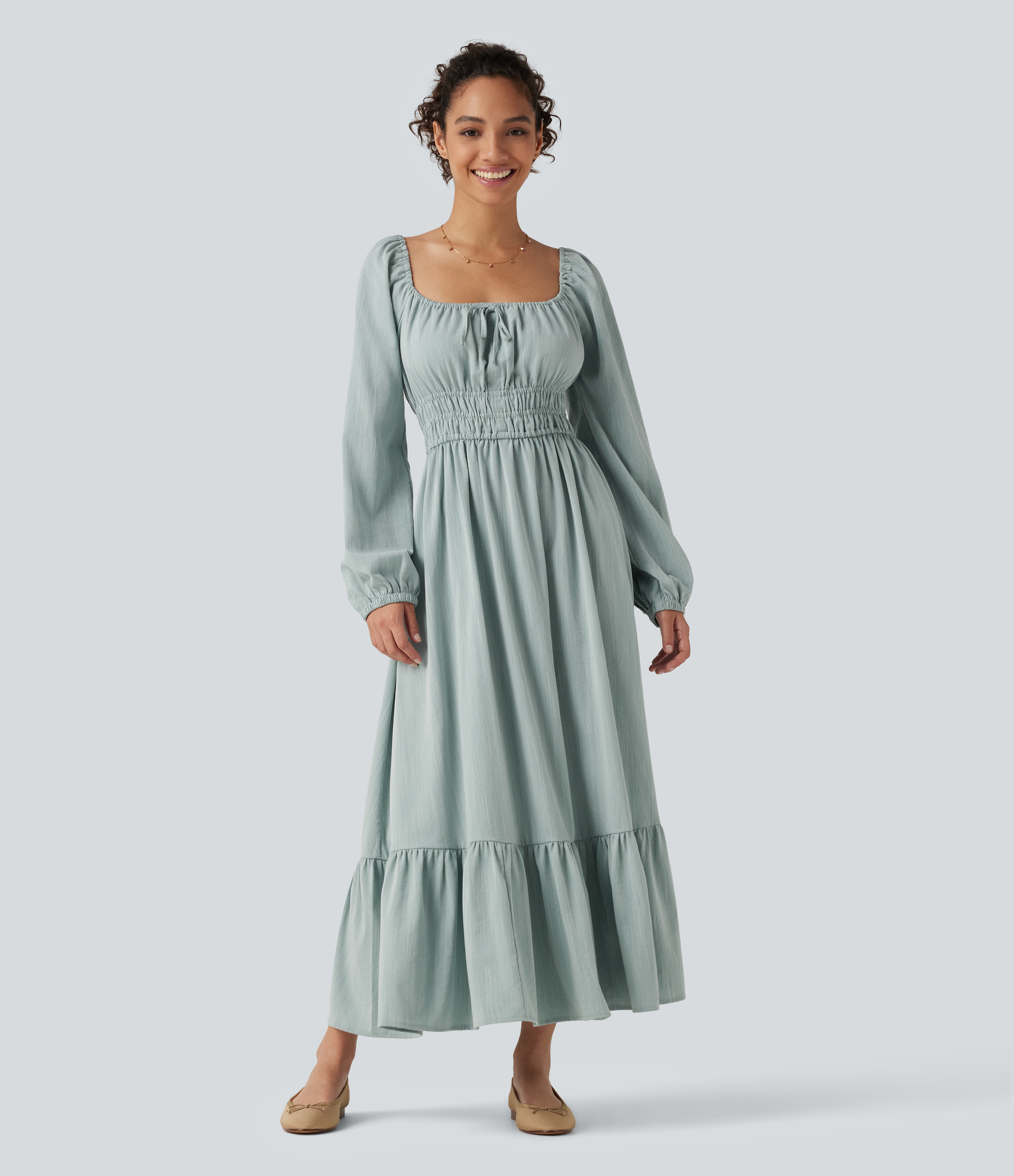 Square Neck Long Sleeve Tie Front Flowy Midi Casual Linen-Feel Dress