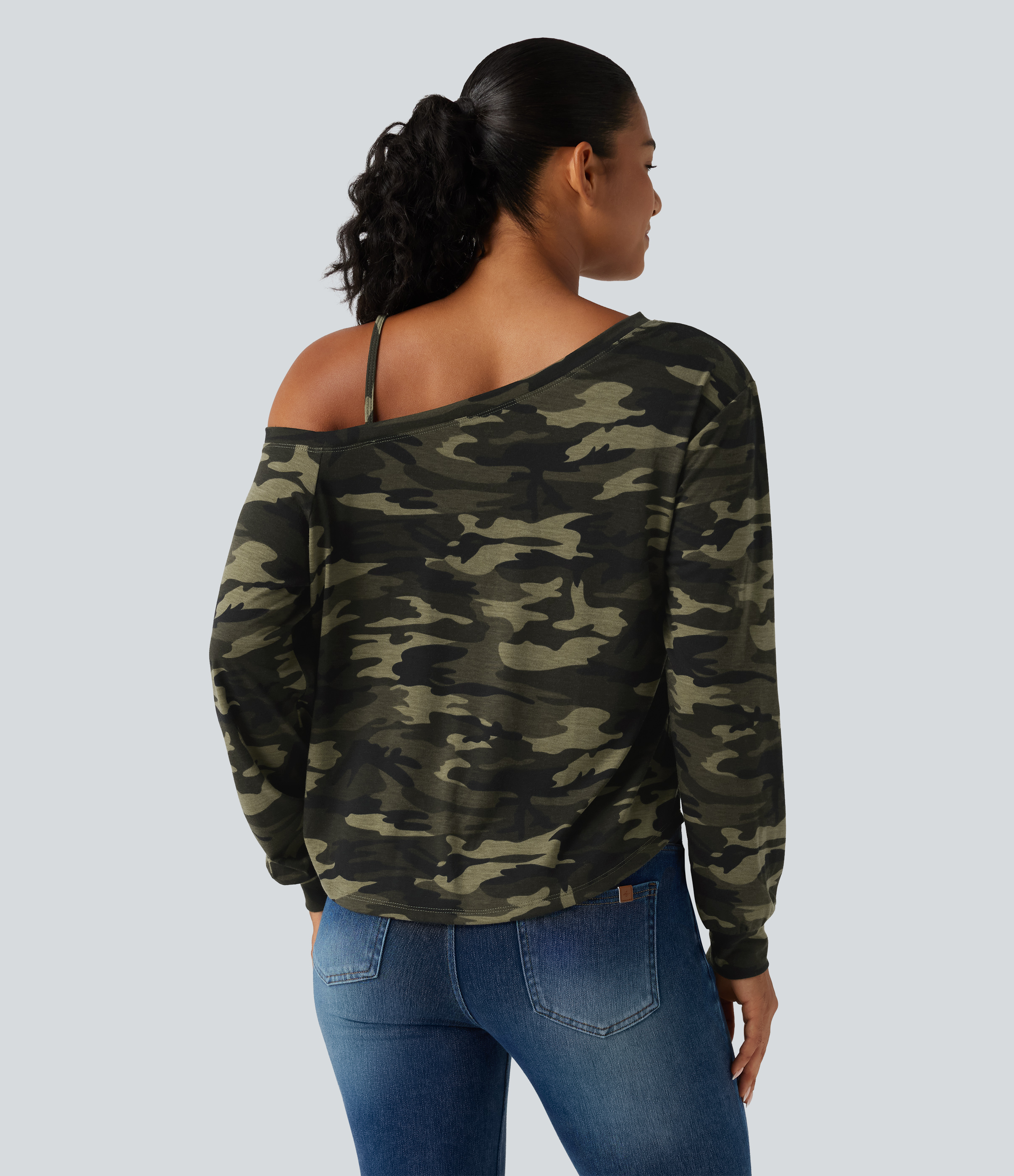 Born to be Wild - Green Camo One Shoulder Long Sleeve Camo Casual Top / 2