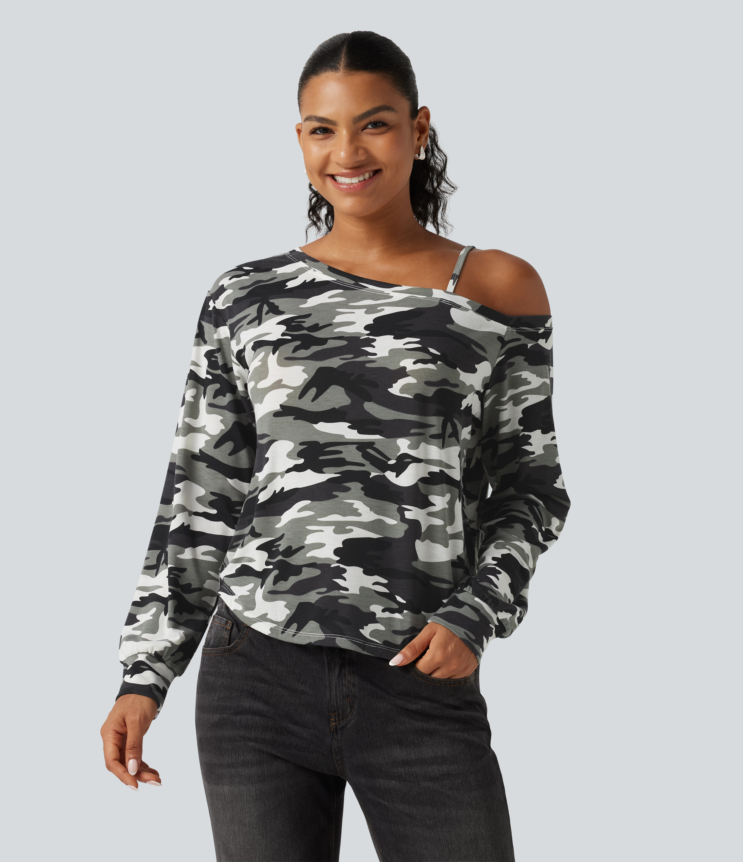 One Shoulder Long Sleeve Camo Casual Top