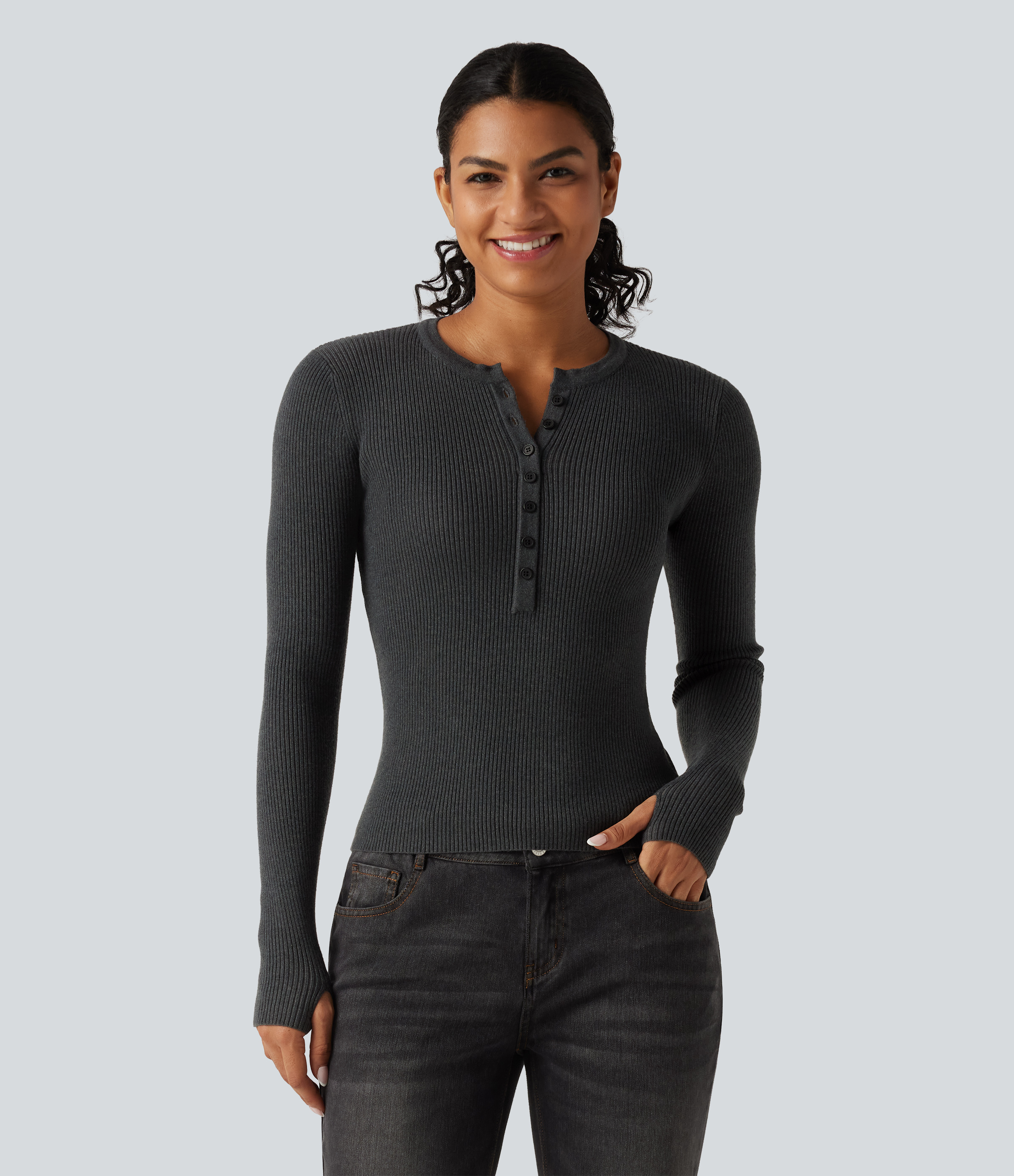 Henley Neck Long Sleeve Thumb Hole Work Sweater