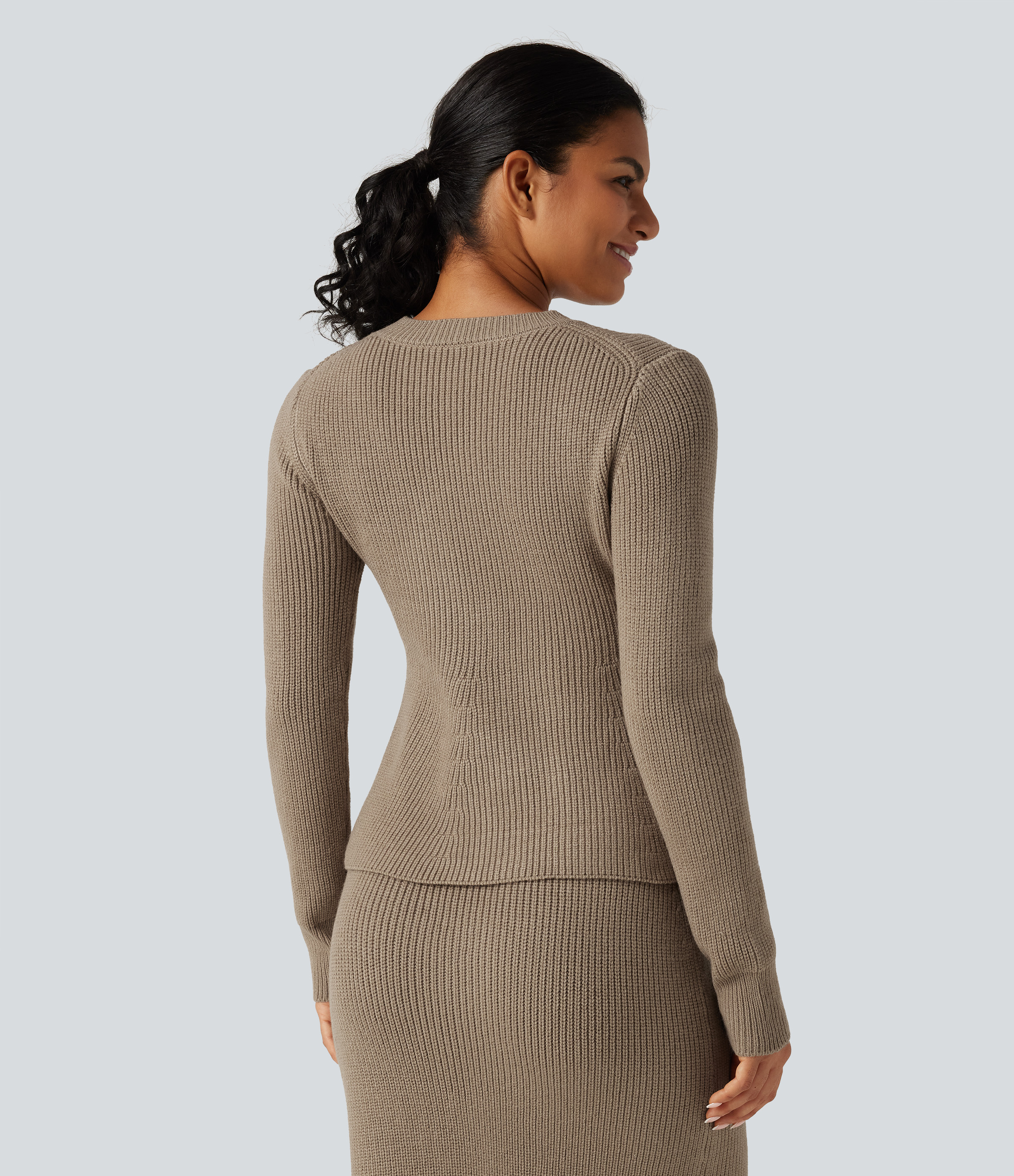 Dark Reddish Brown Round Neck Long Sleeve Ruffle Hem Work Sweater / 2