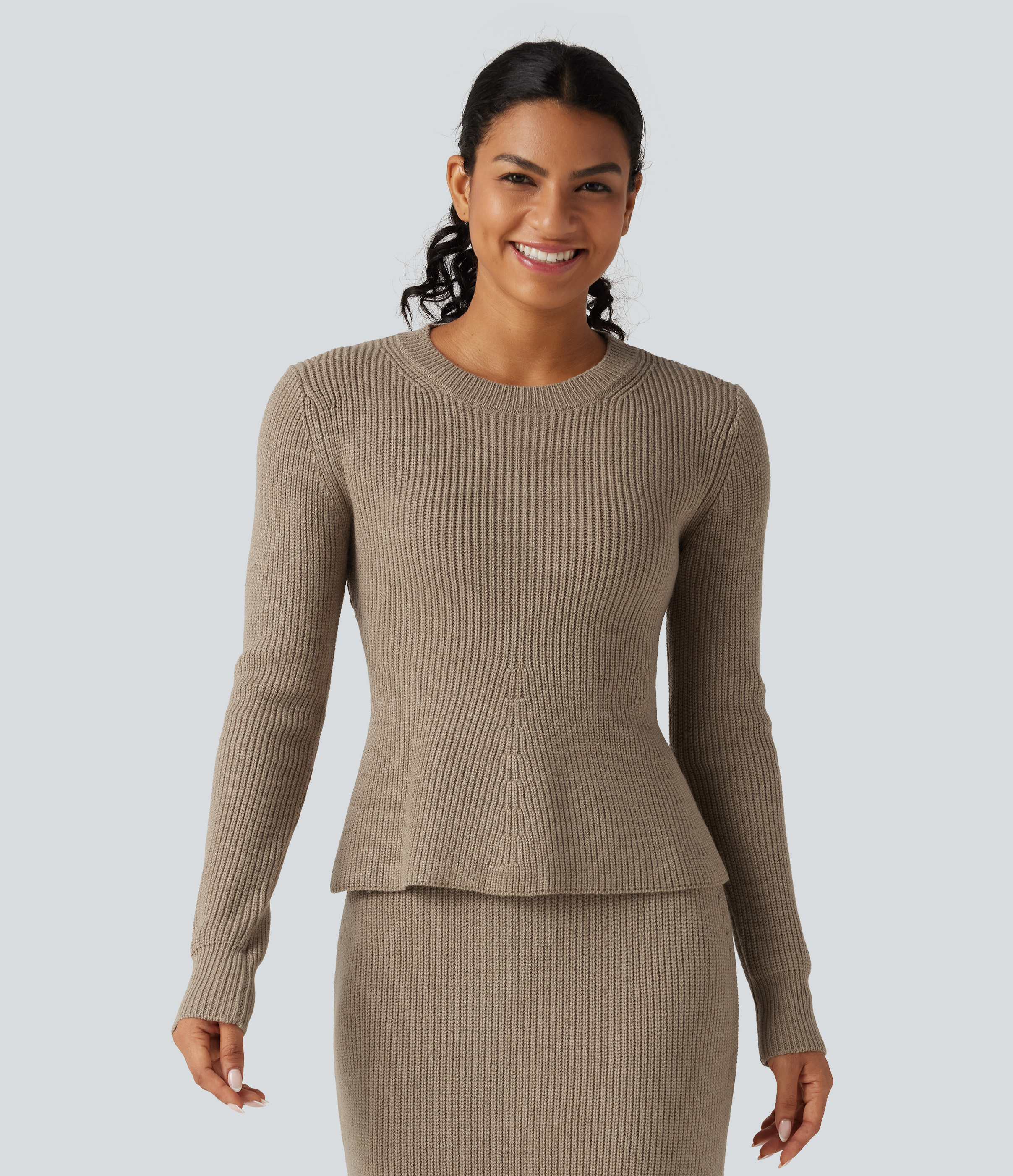 Round Neck Long Sleeve Ruffle Hem Work Sweater