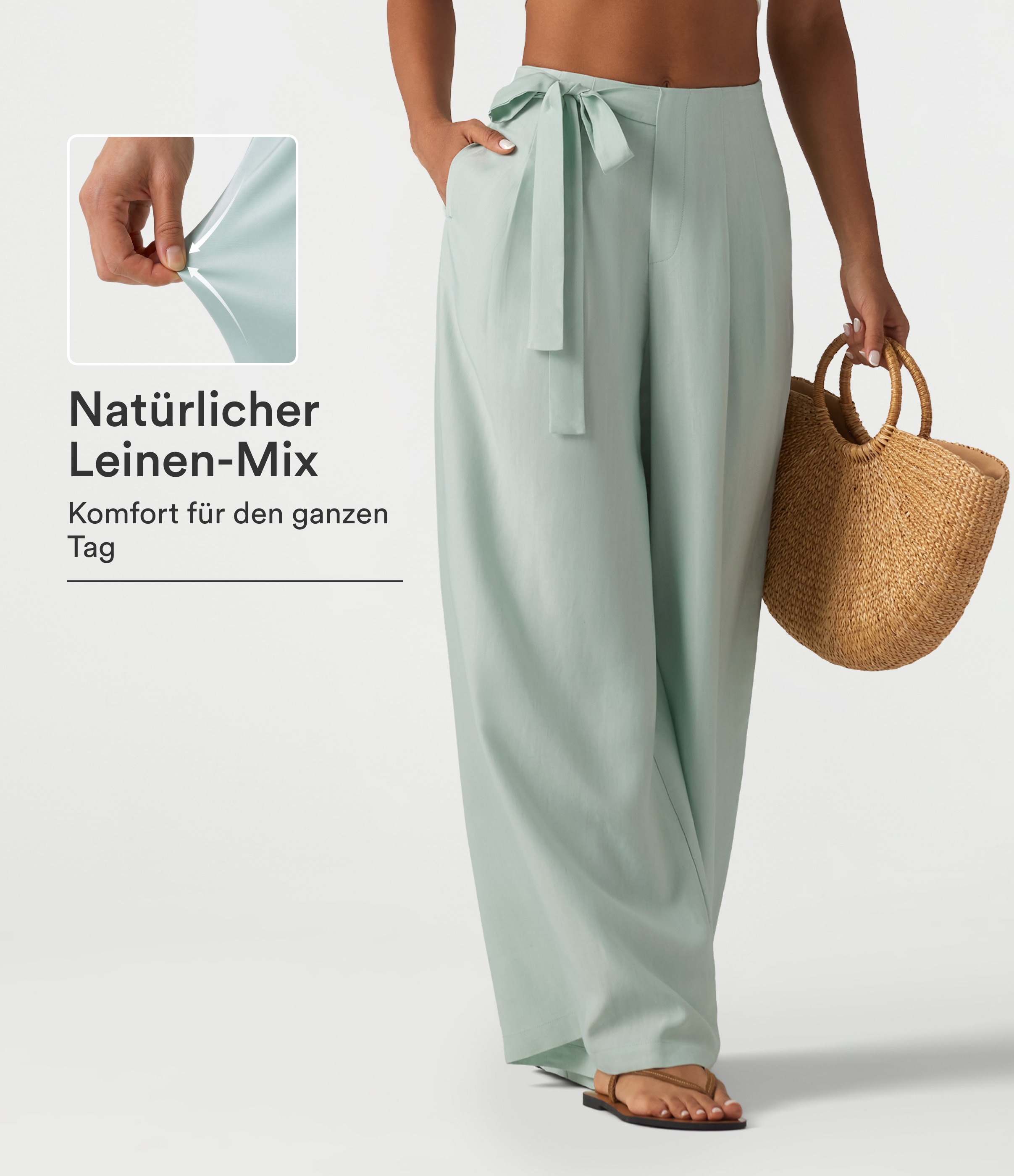 Baggy-Hose aus Leinenmischgewebe mit hohem Bund, Seitentaschen und seitlichem Bindeband