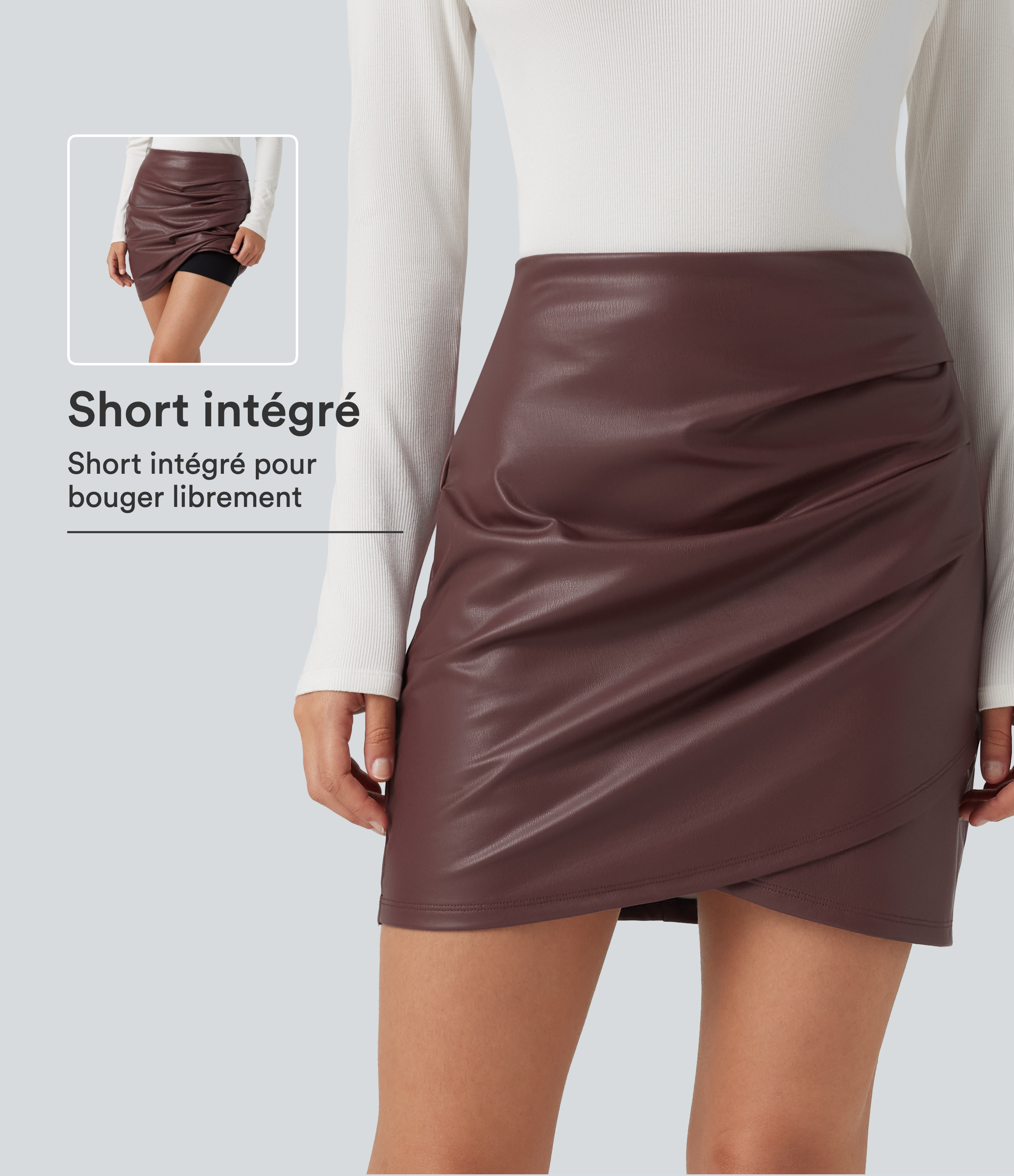 Jupe-short mini moulante taille haute en simili doublé polaire avec fronces et ourlet croisé