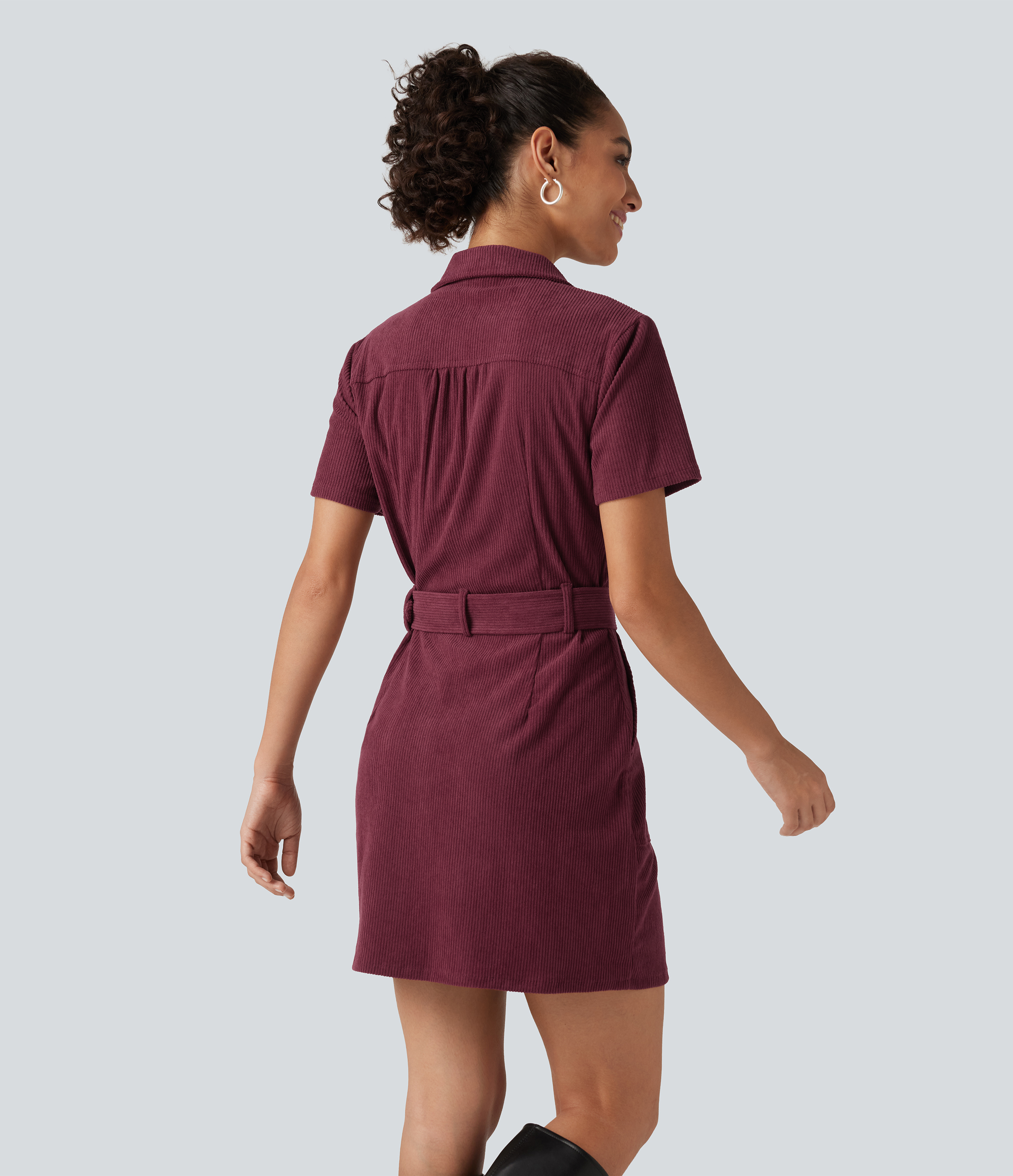 Pomegranate Short Sleeve Belted Corduroy Mini Casual Dress with Pockets / 2