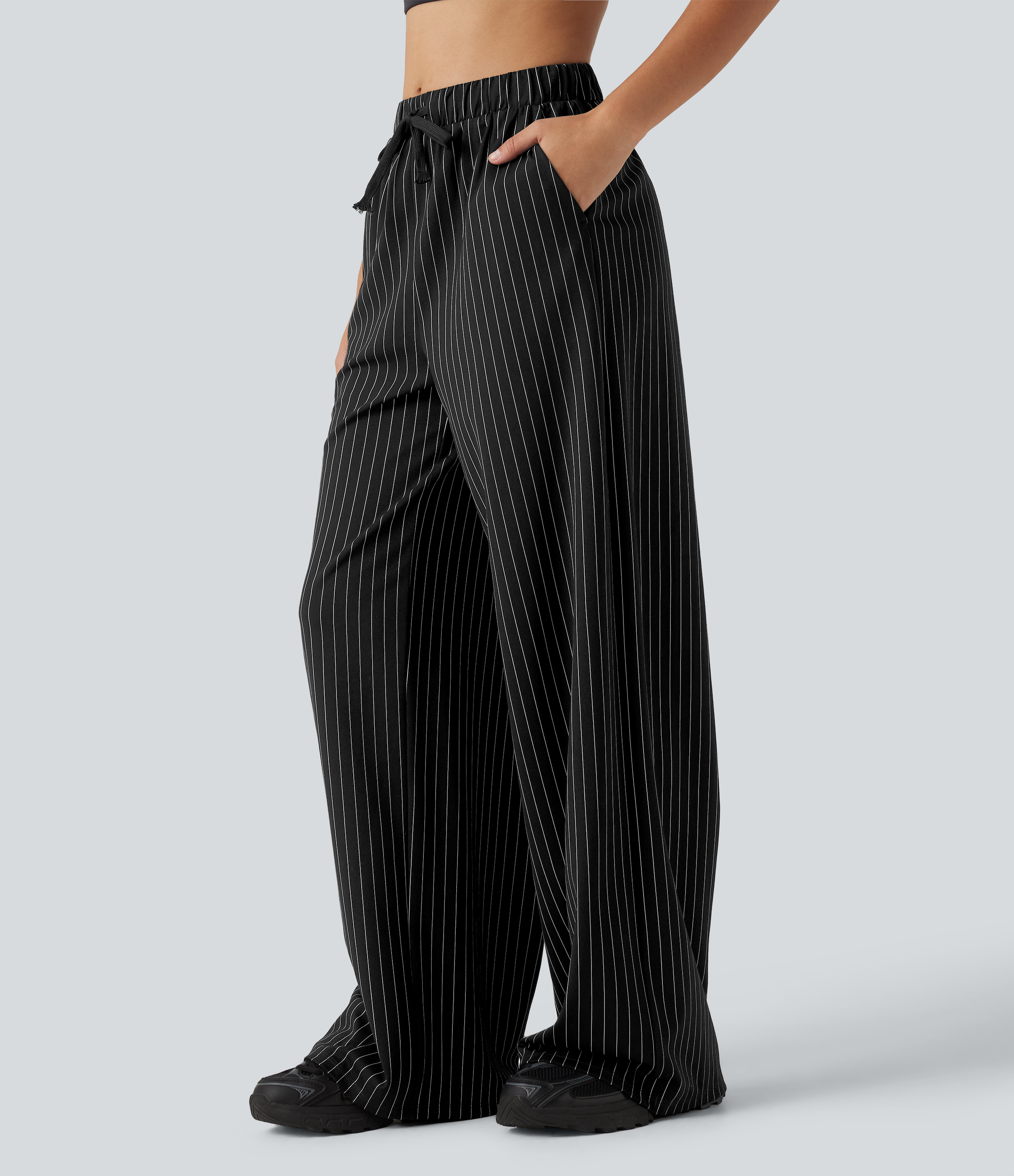 Mid Rise Drawstring Straight Leg InstantCool Stripe Tennis Pants with Pockets