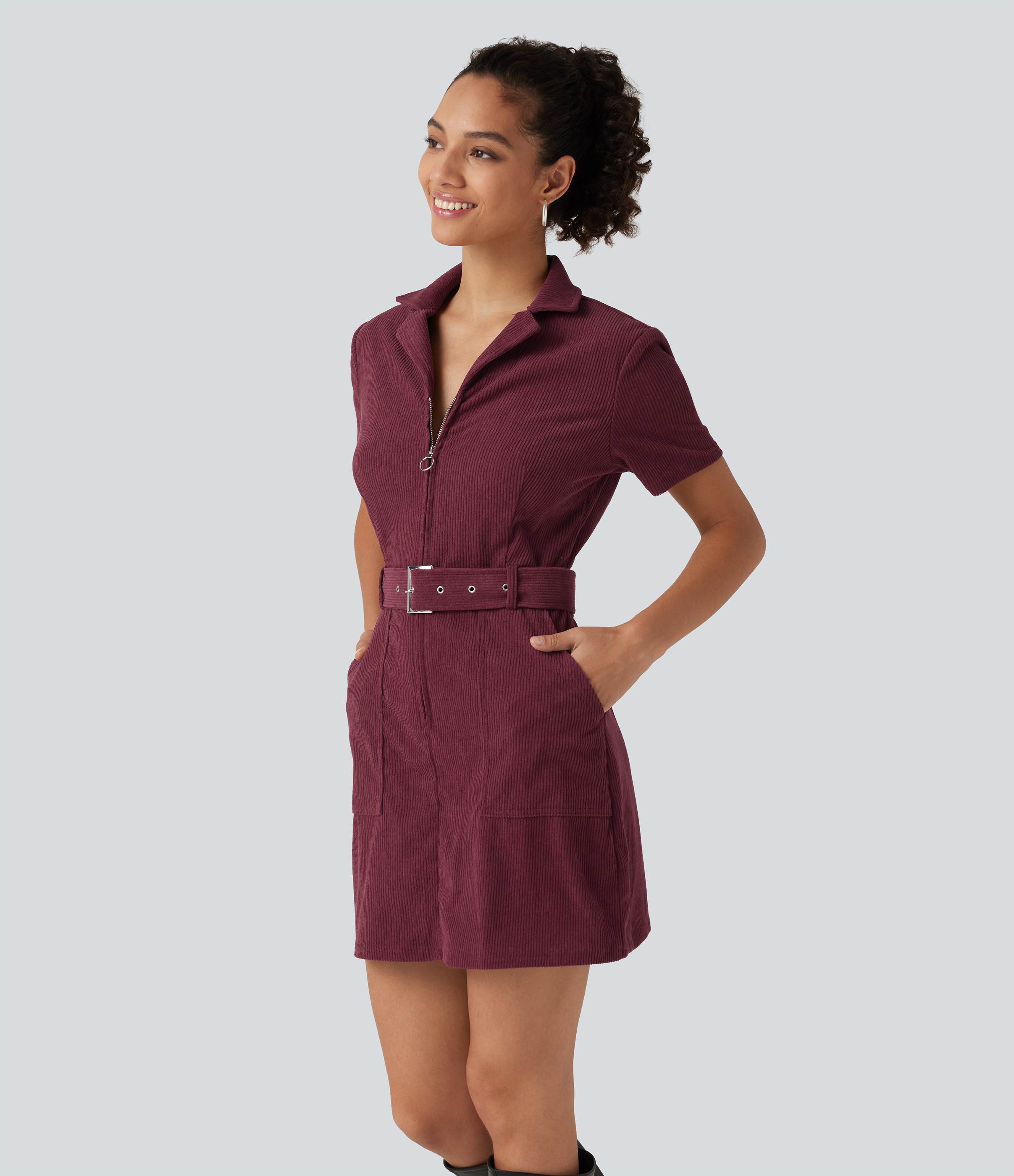 Short Sleeve Belted Corduroy Mini Casual Dress with Pockets