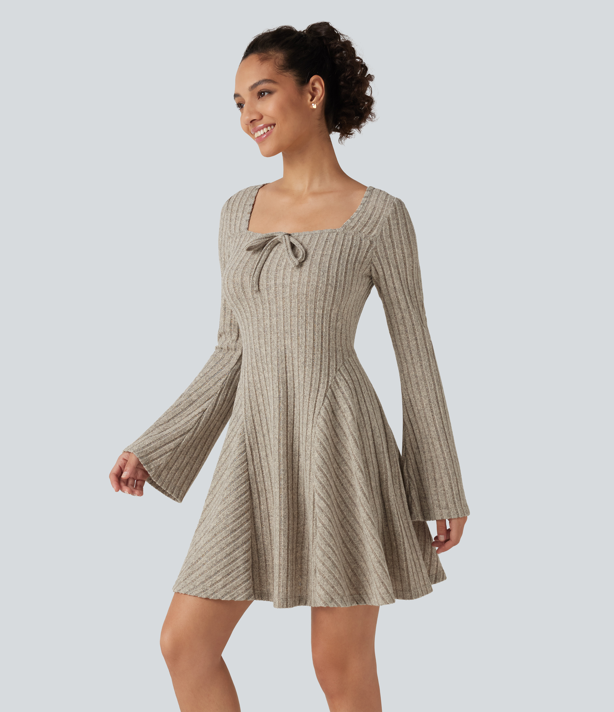Ribbed Knit Square Neck Flounce Long Sleeve Decorative Knot Flare Mini Casual Dress