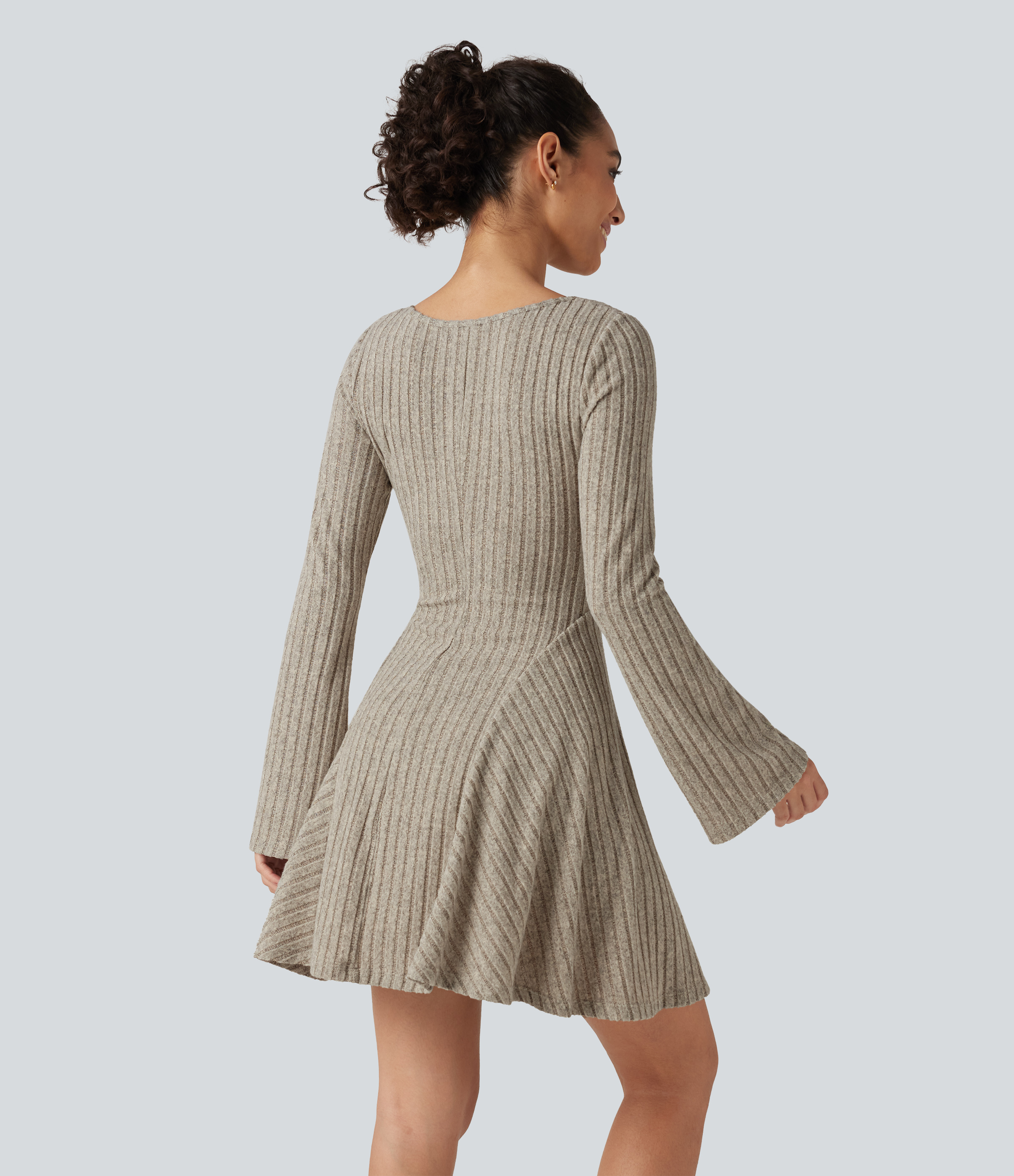 Warm Grey Floral Velvet Ribbed Knit Square Neck Flounce Long Sleeve Decorative Knot Flare Mini Casual Dress / 2