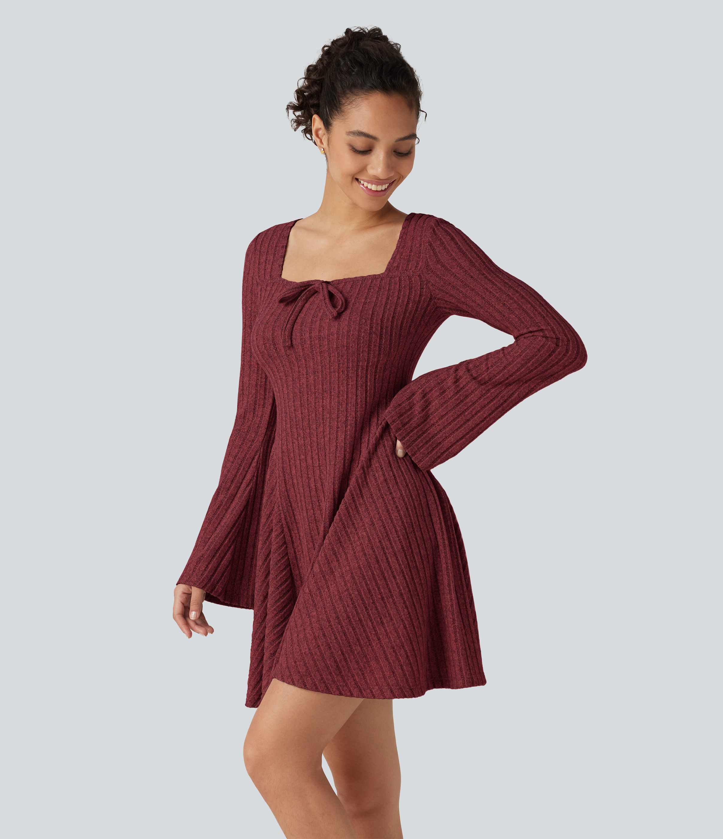 Ribbed Knit Square Neck Flounce Long Sleeve Decorative Knot Flare Mini Casual Dress