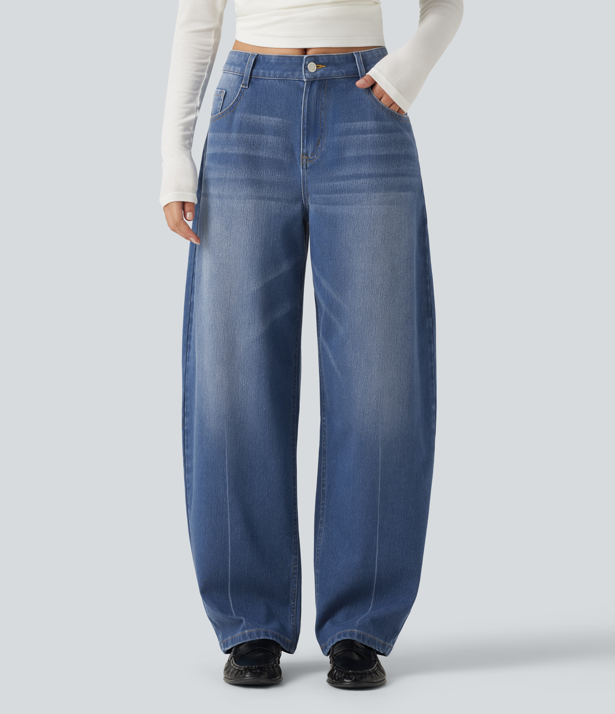Halara Flex™ Mid Rise Barrel Leg Washed Casual Jeans with Pockets