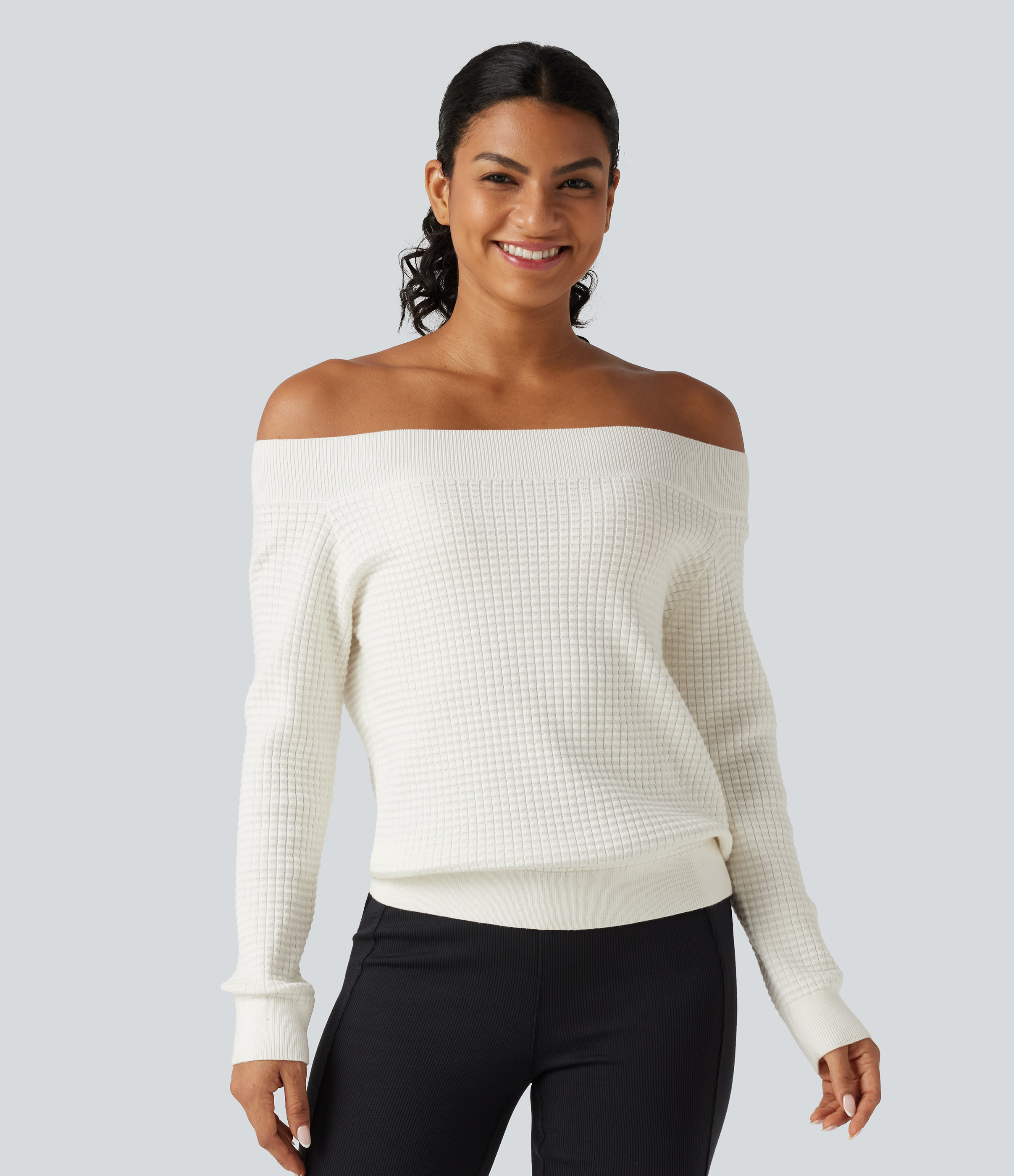 Off Shoulder Long Sleeve Casual Wool-Blend Sweater