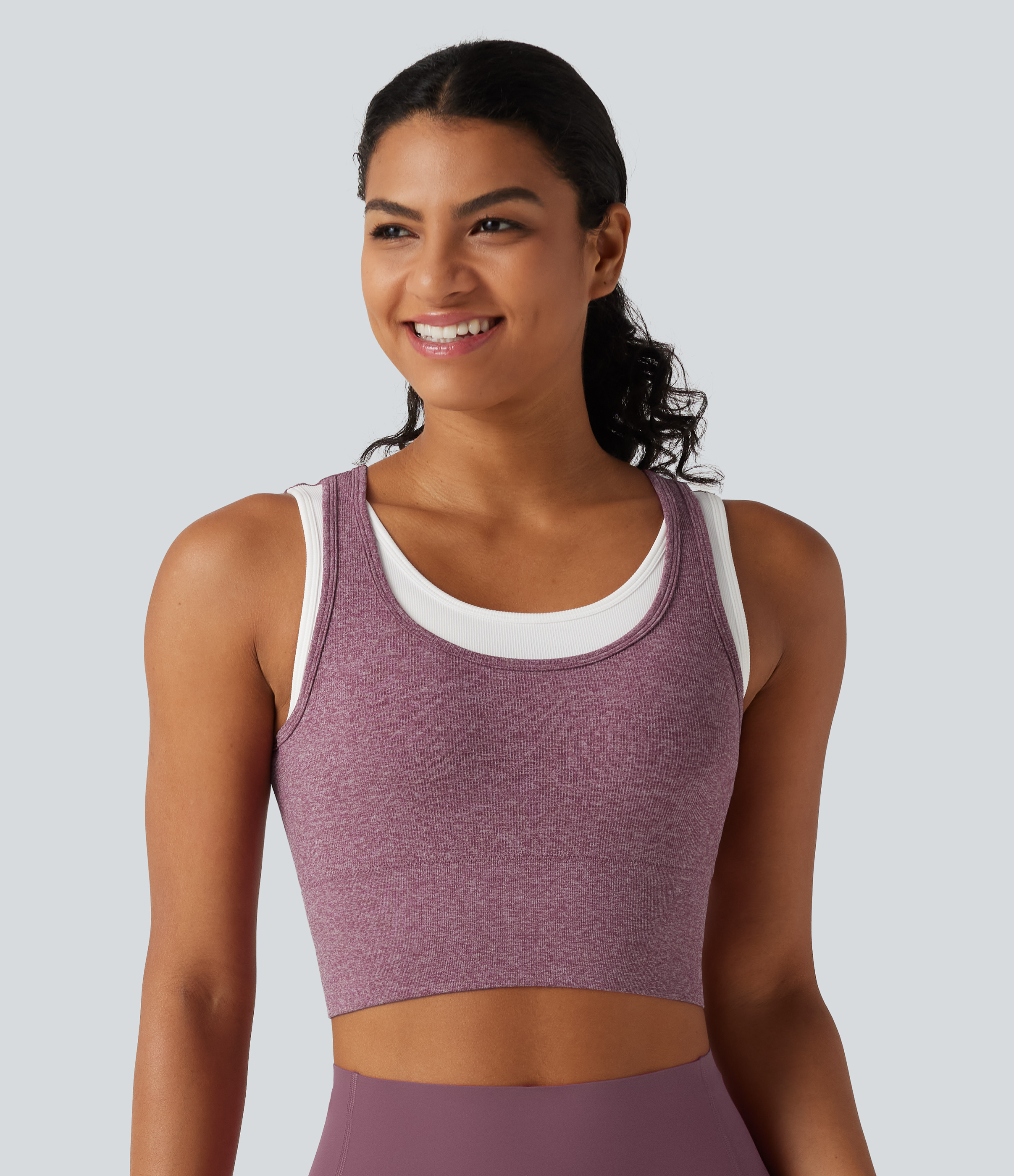 Mauve OneForm U Neck Seamless Flow Light Support 2-in-1 Workout Sports Bra / 2