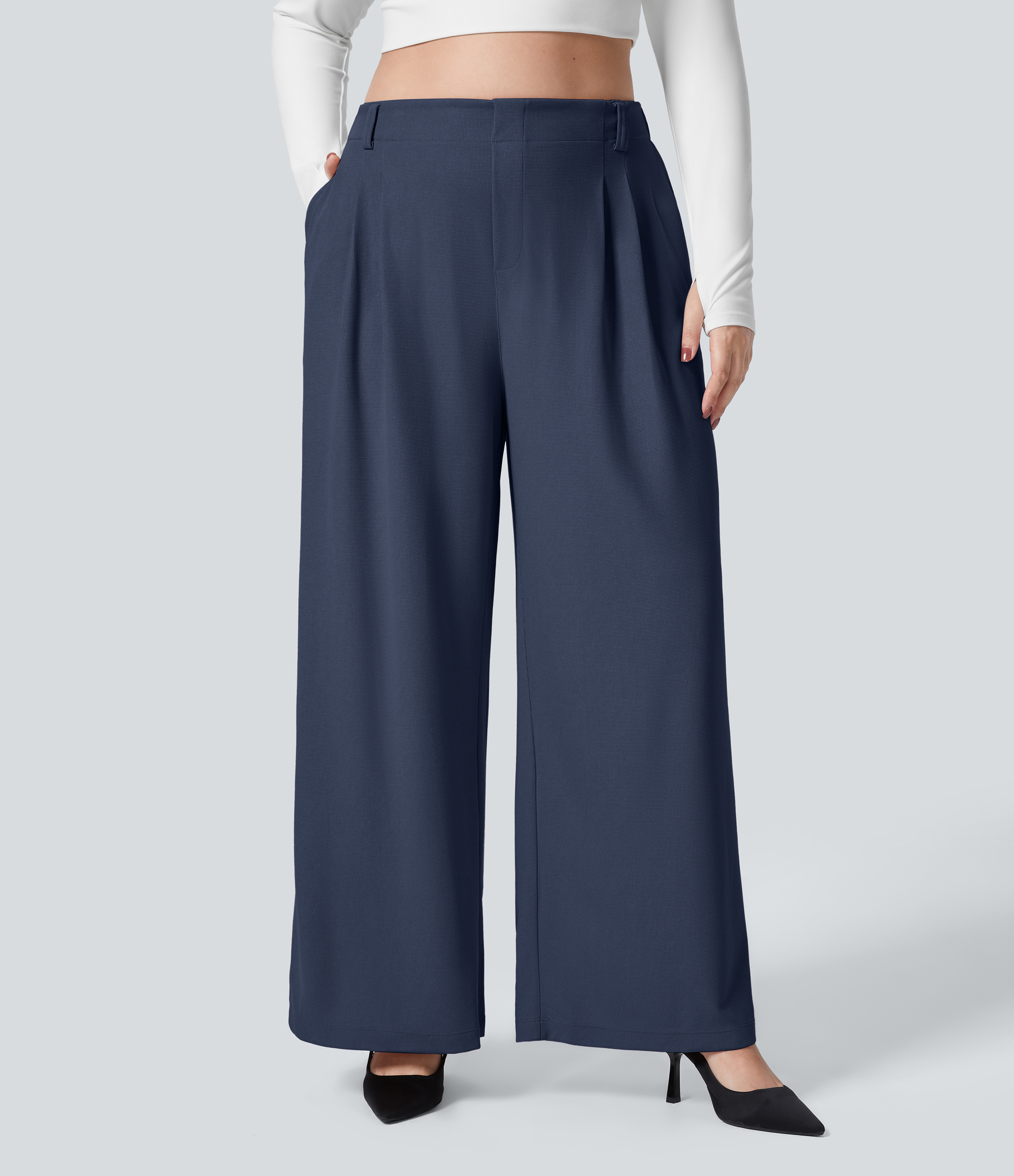 Pantalón Halara Flex™ oficina tiro alto pliegue bolsillo lateral pierna ancha gofre talla grande