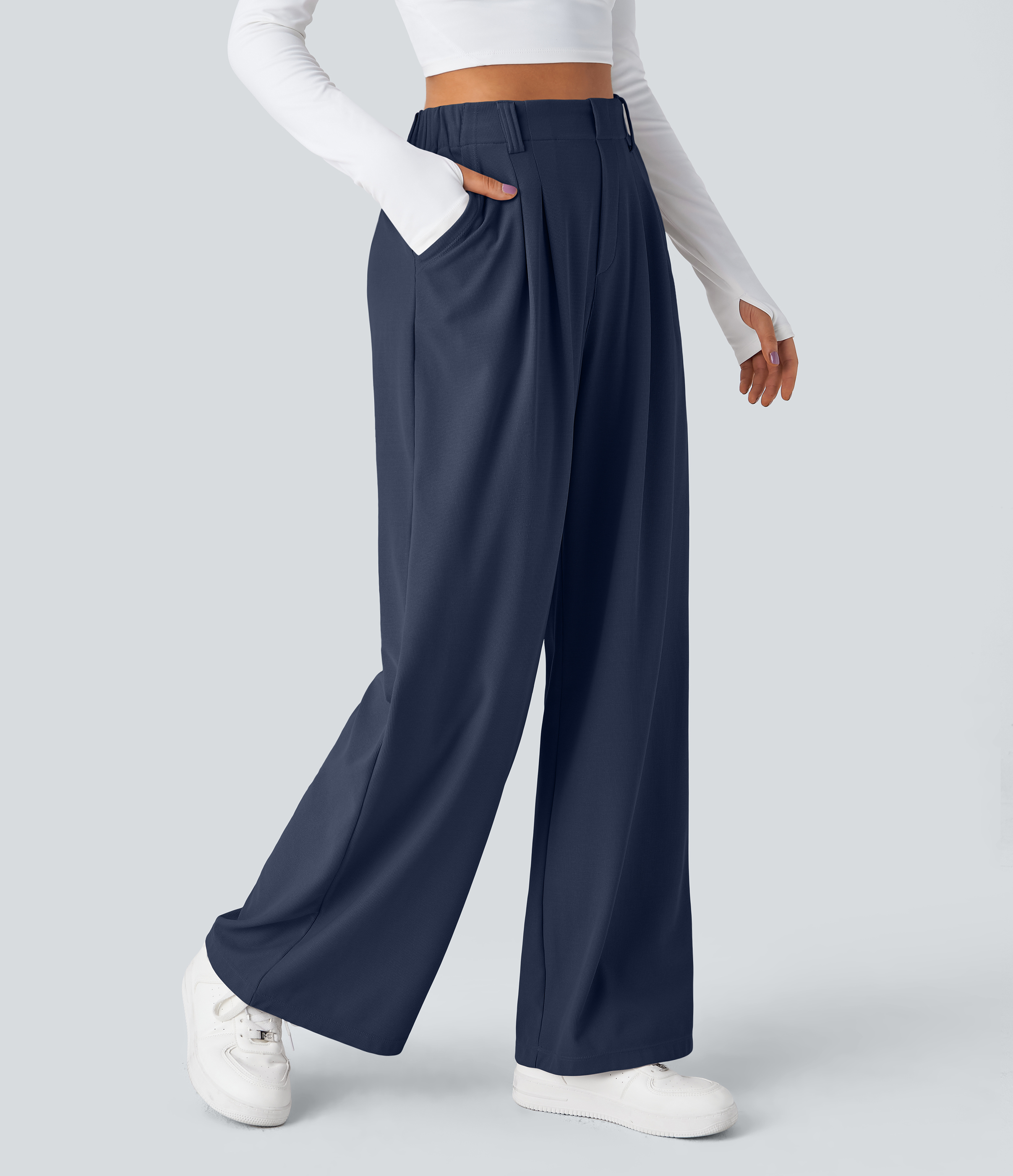 Halara Flex™ dehnbare Stoffhose mit hohem Bund, Waffelmuster, Seitentaschen und weitem Bein