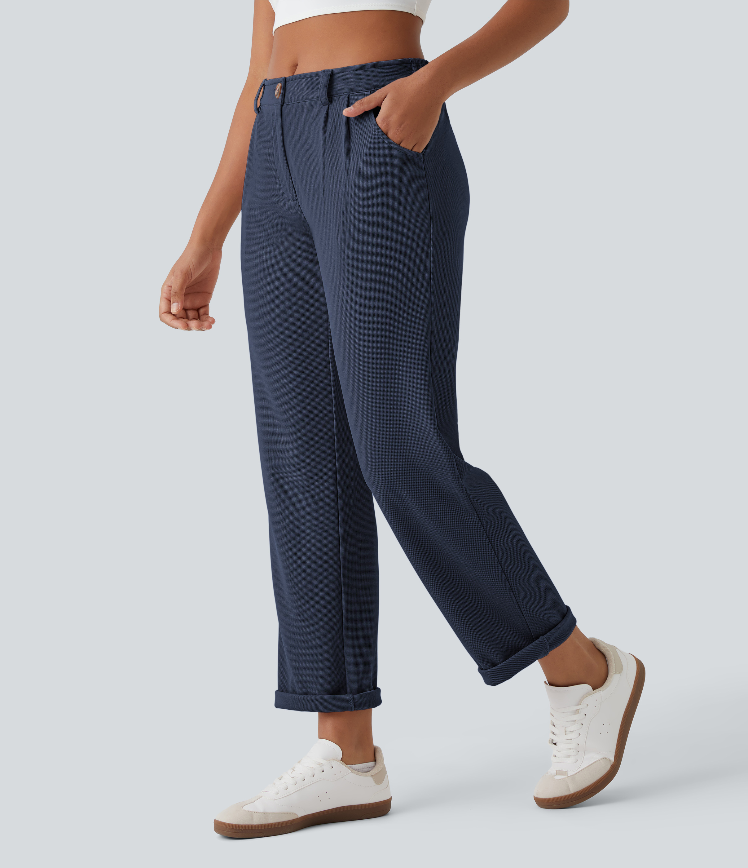 Pantalones gofre bolsillo lateral cremallera botón tiro medio