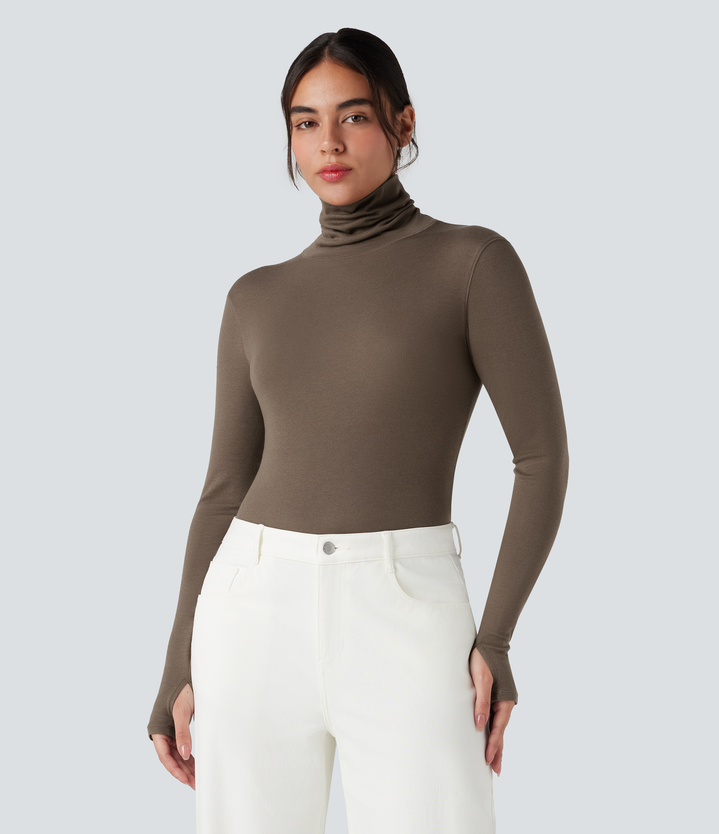 Mock-neck Long Sleeve Thumb Holes Slim Fit Casual Wool-Blend Tops