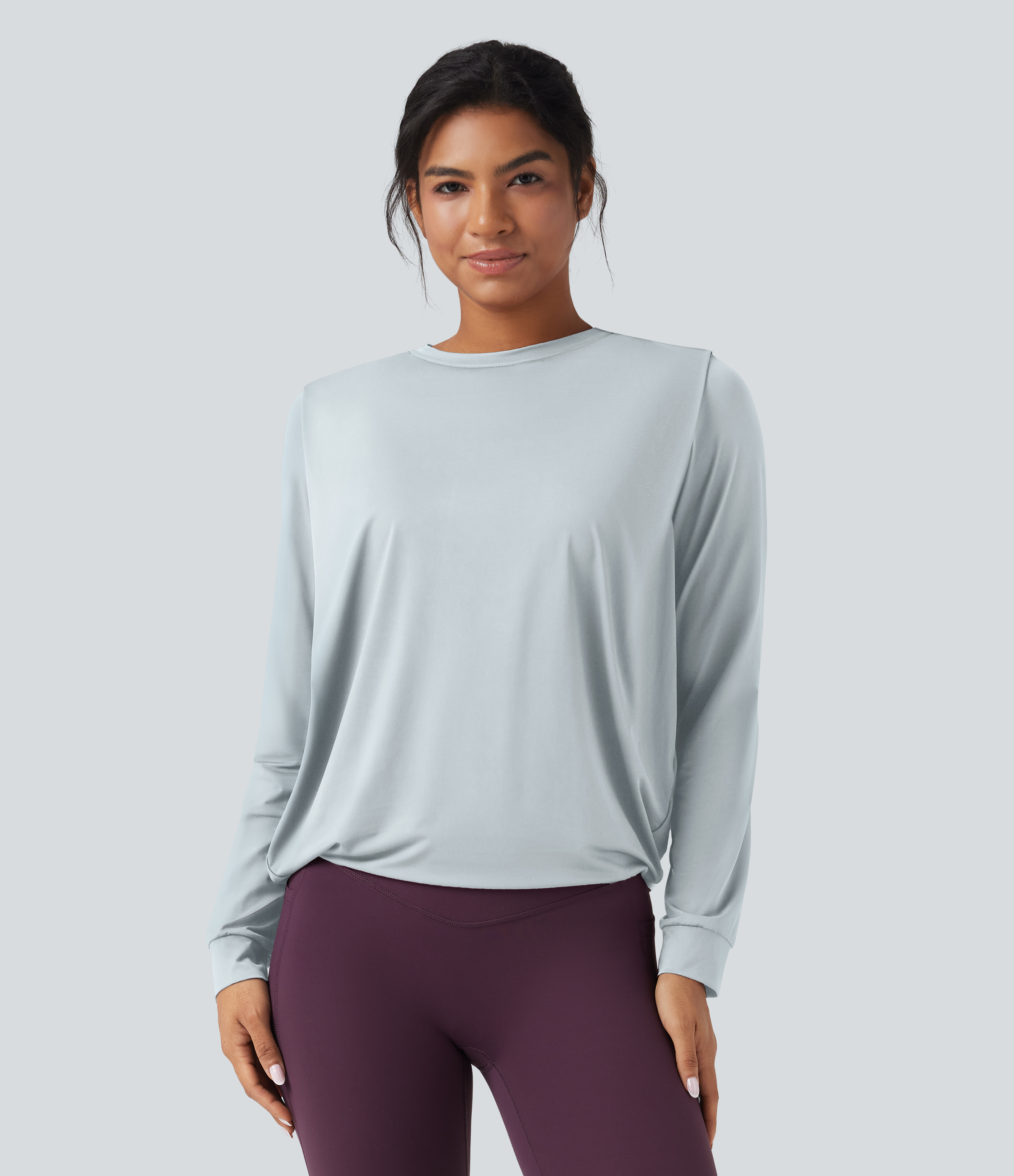 Round Neck Long Sleeve Ruched Yoga Sports Top-UPF50+