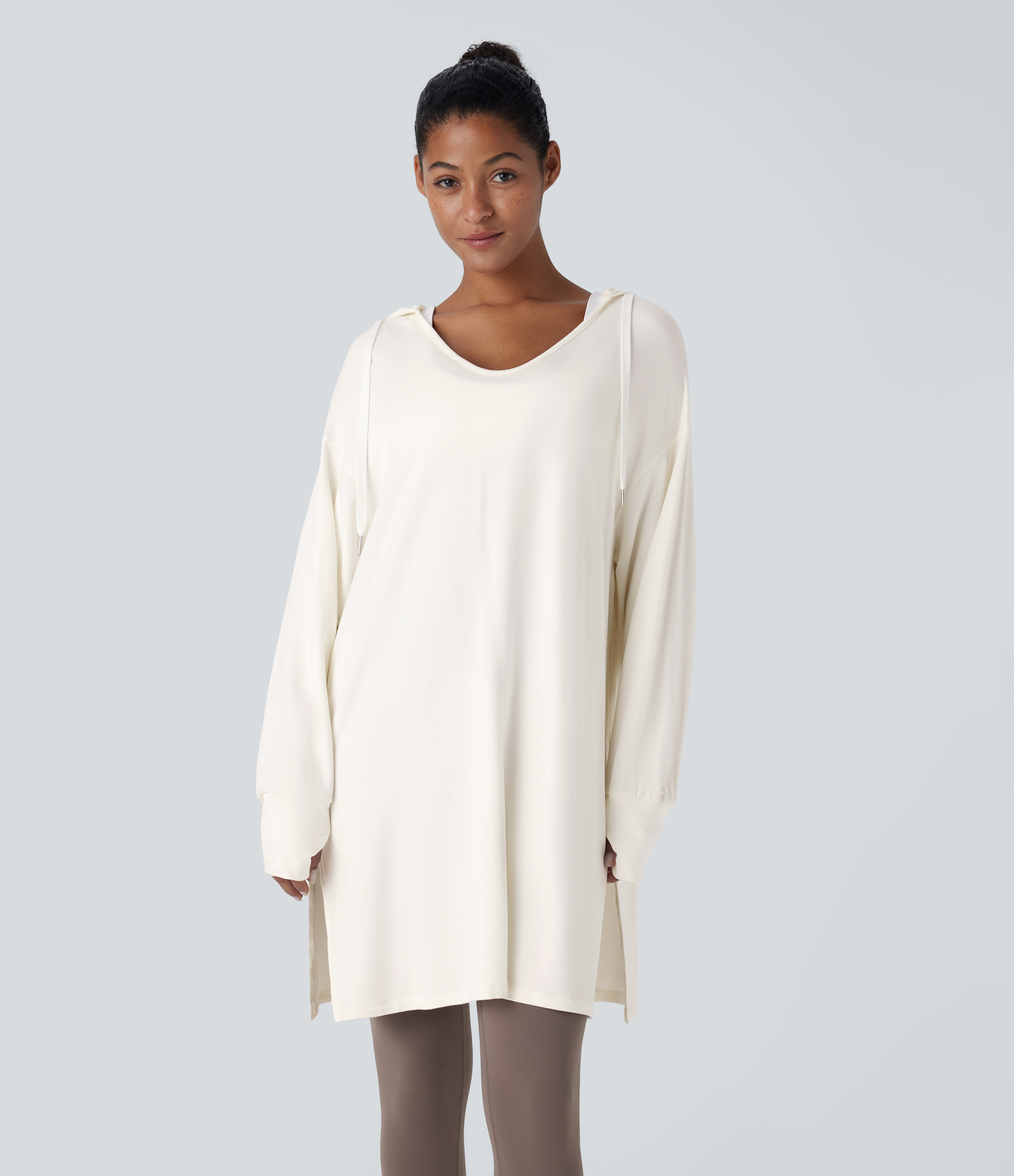 Hooded V Neck Drawstring Thumb Hole Longline Casual Sweatshirt