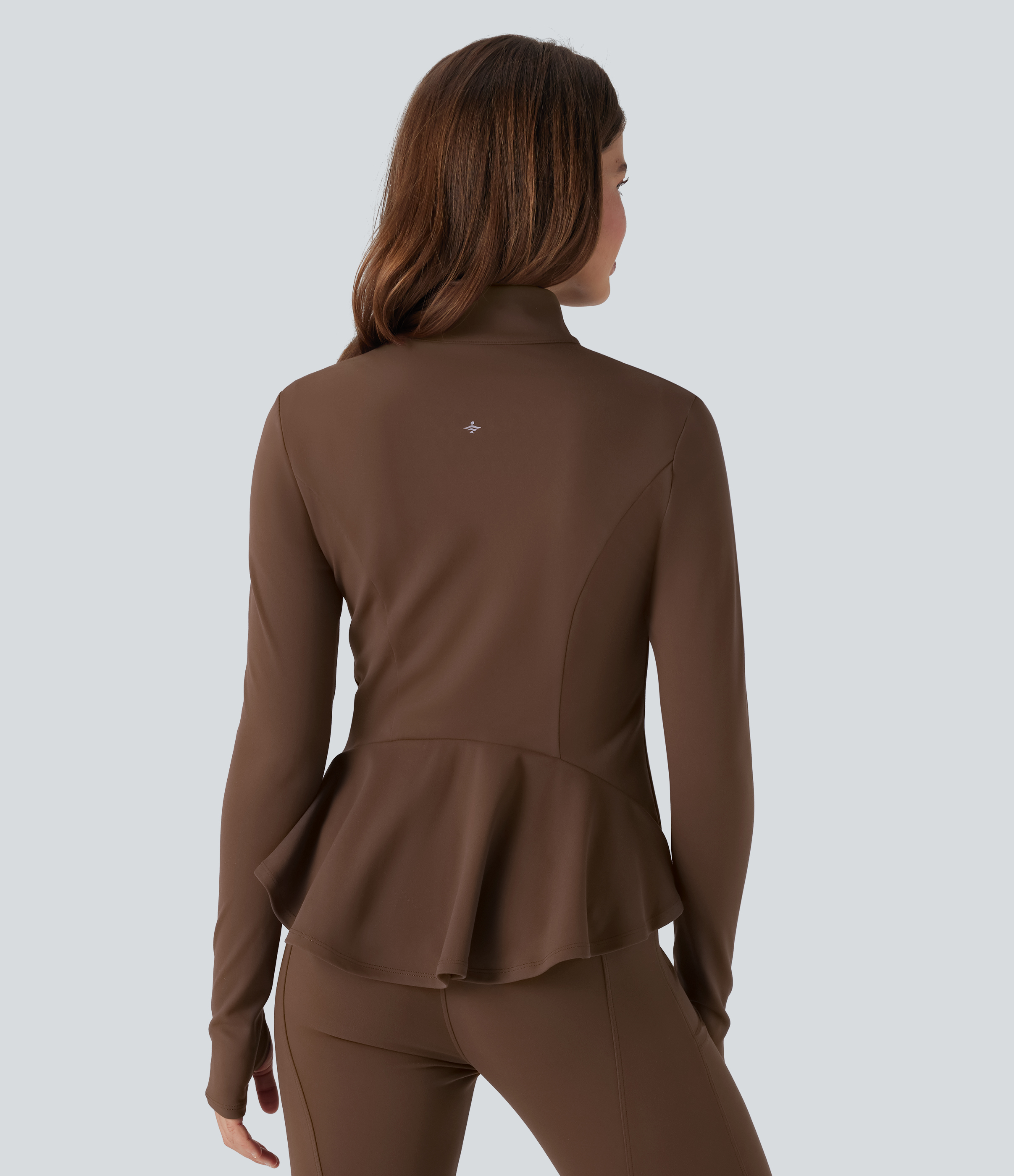 DayStretch Stand Collar Zipper Thumb Hole Ruffle Hem Slim Jacket with Pockets