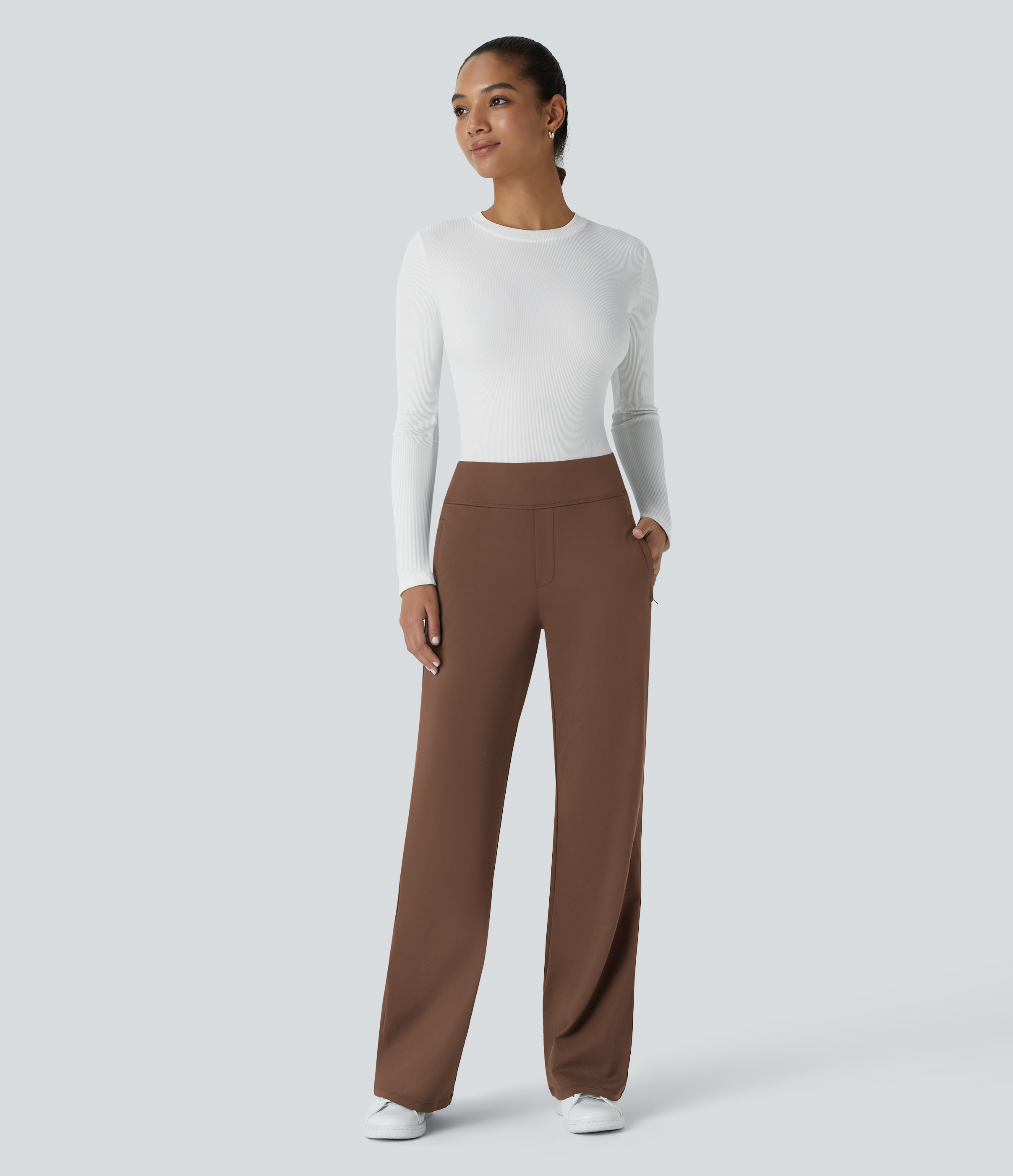 Autumn Chestnut Pantalon tailleur évasé taille mi-haute Halara Flex™ DayStretch avec zip latéral et poches / 2