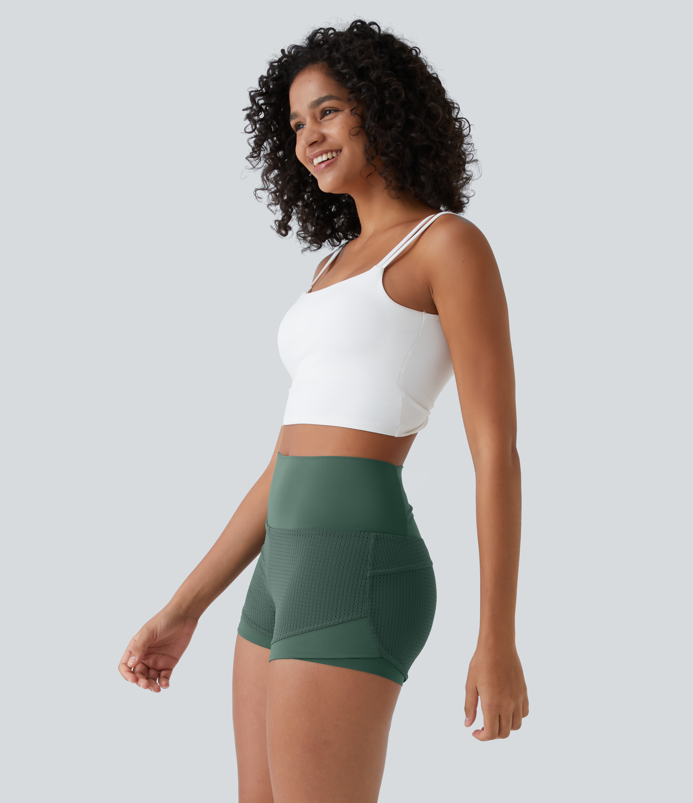 High Waisted Mesh Back Waistband Pocket 2-in-1 Casual Shorts 2"