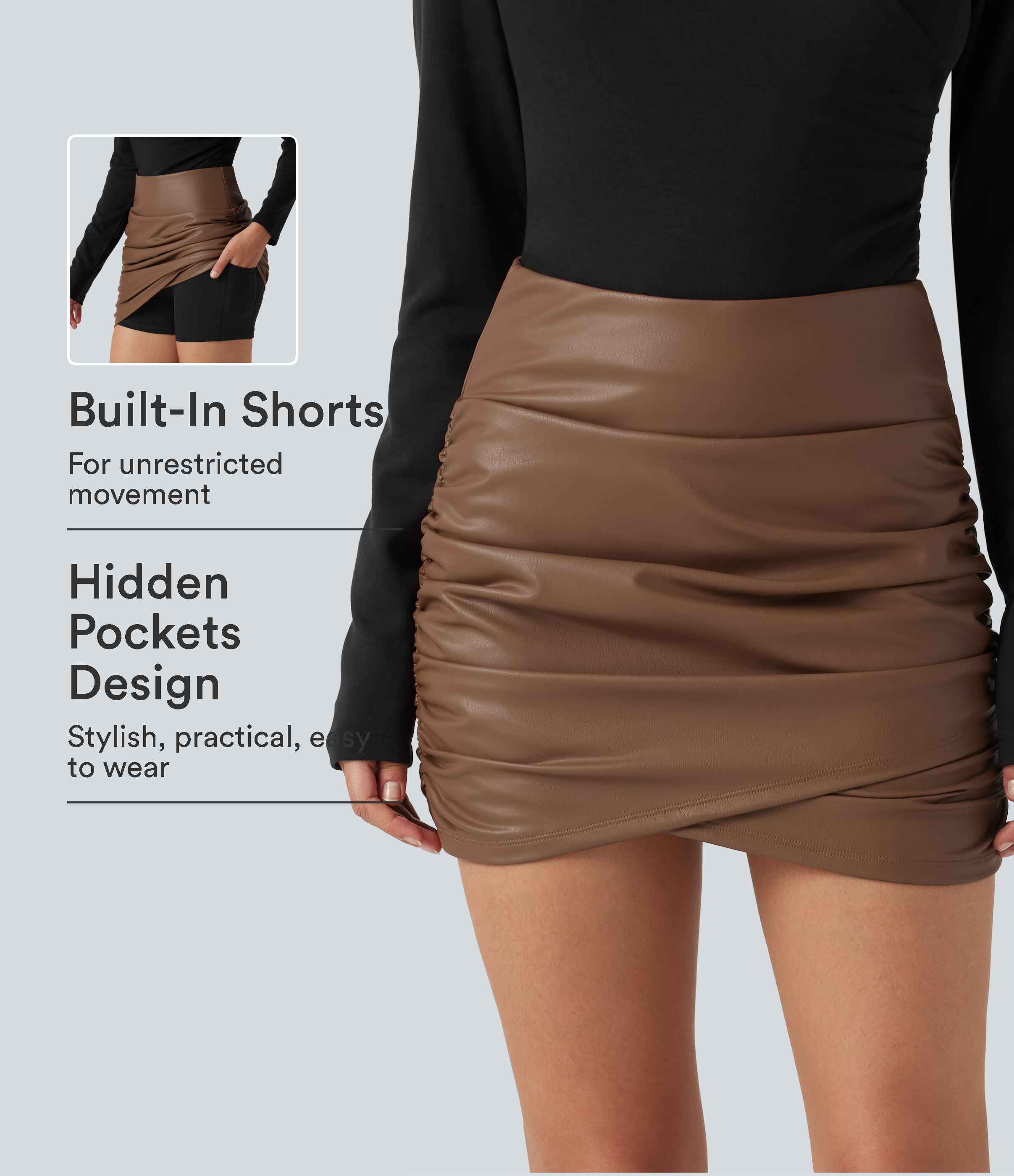 High Waisted Tummy Control Ruched Crossover Hem 2-in-1 Bodycon Fleece Mini PU Leather Skirt with Pockets