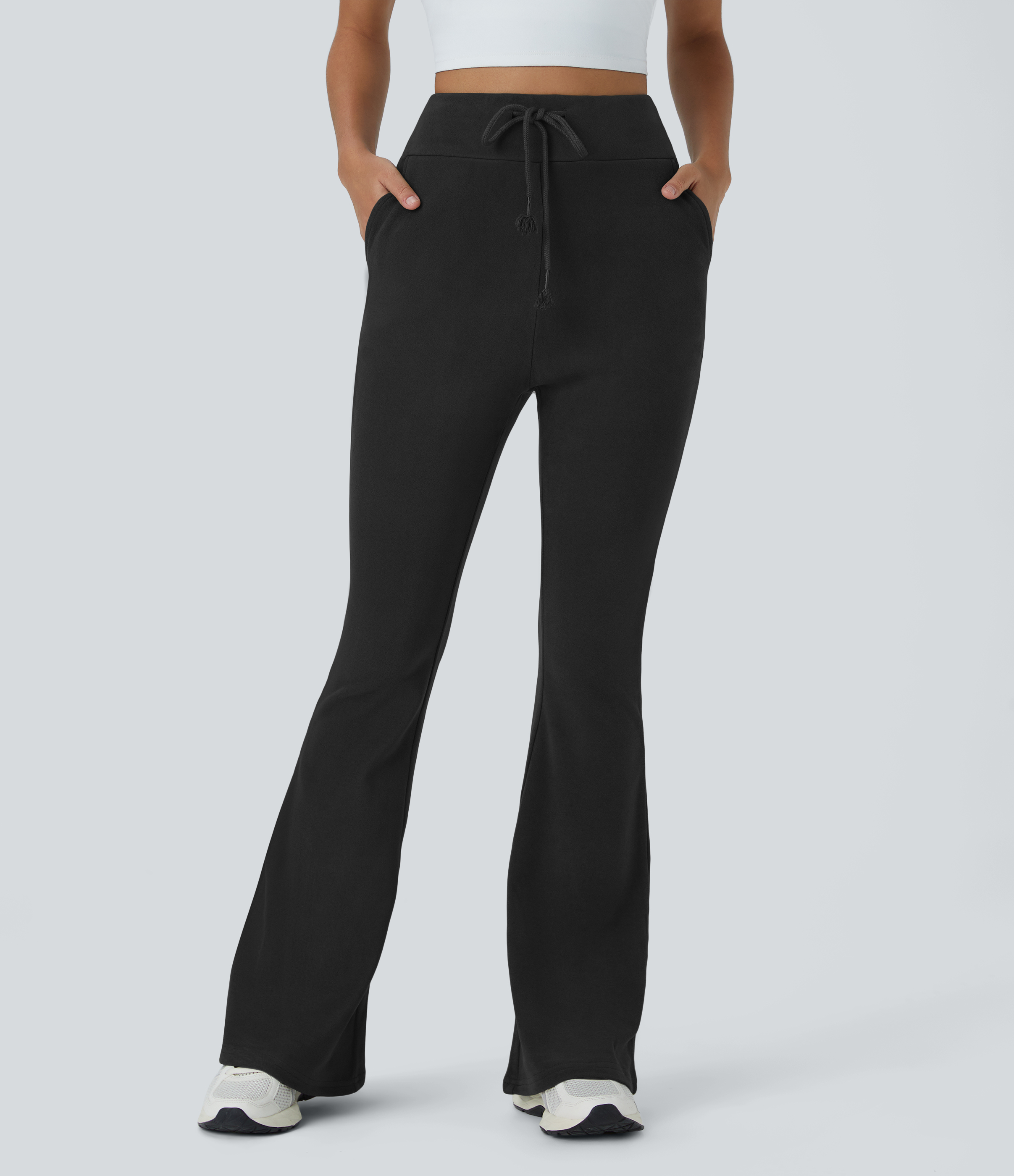 High Waisted Drawstring Pocket Plain Flare Long Pants