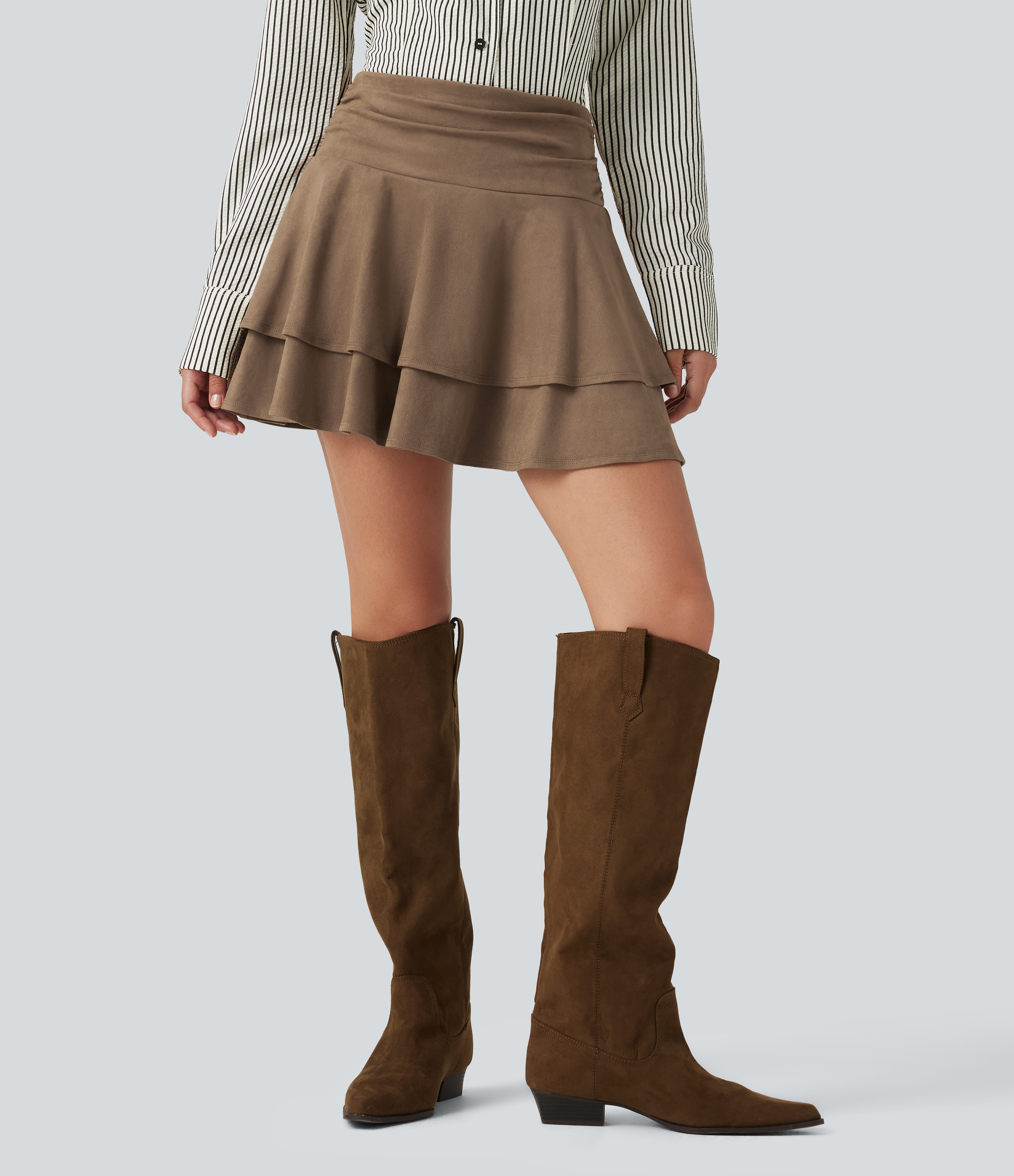 High Waisted Ruched Layered 2-in-1 Suede Mini Casual Skirt