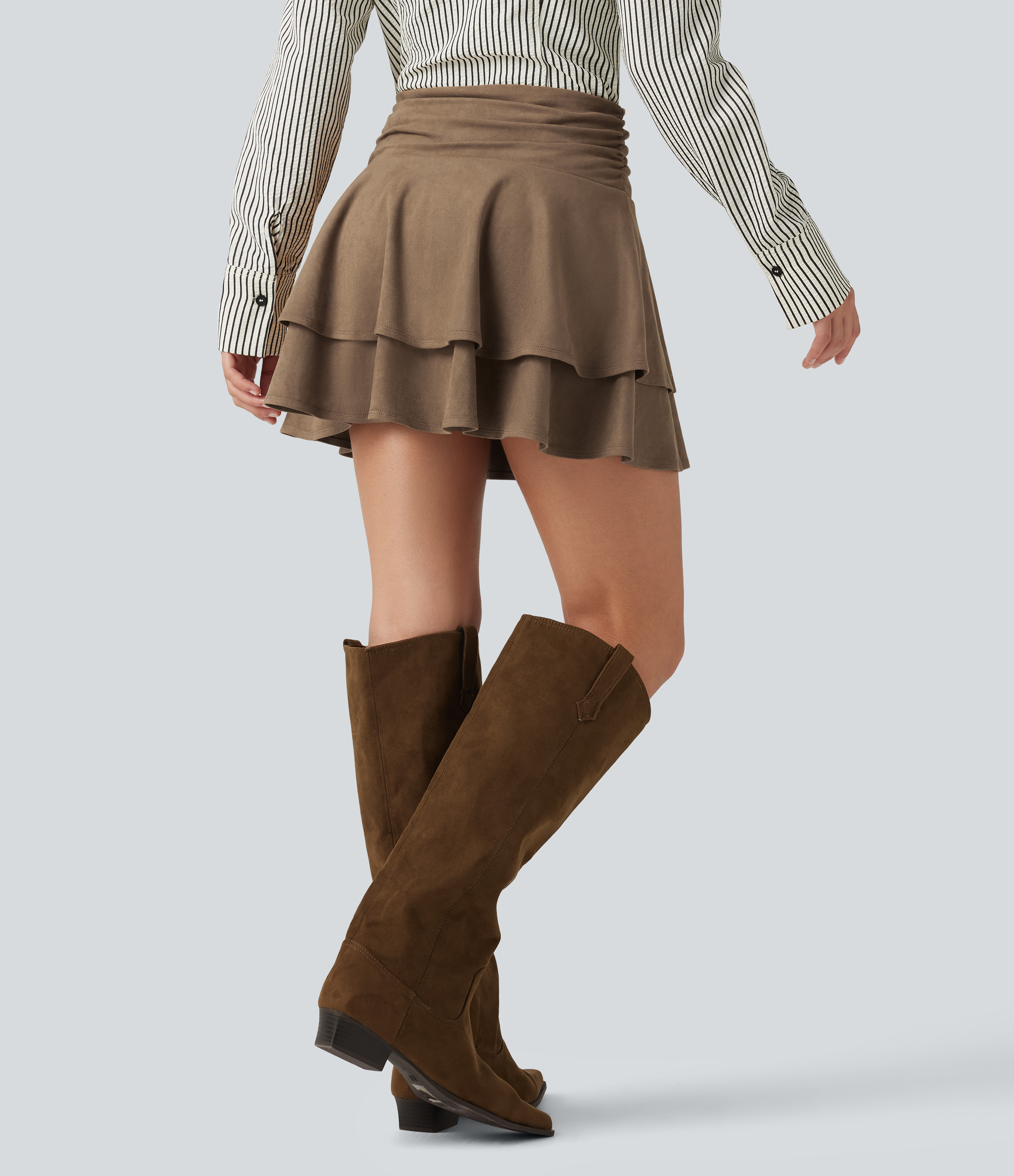 Coca Mocha High Waisted Ruched Layered 2-in-1 Suede Mini Casual Skirt / 2
