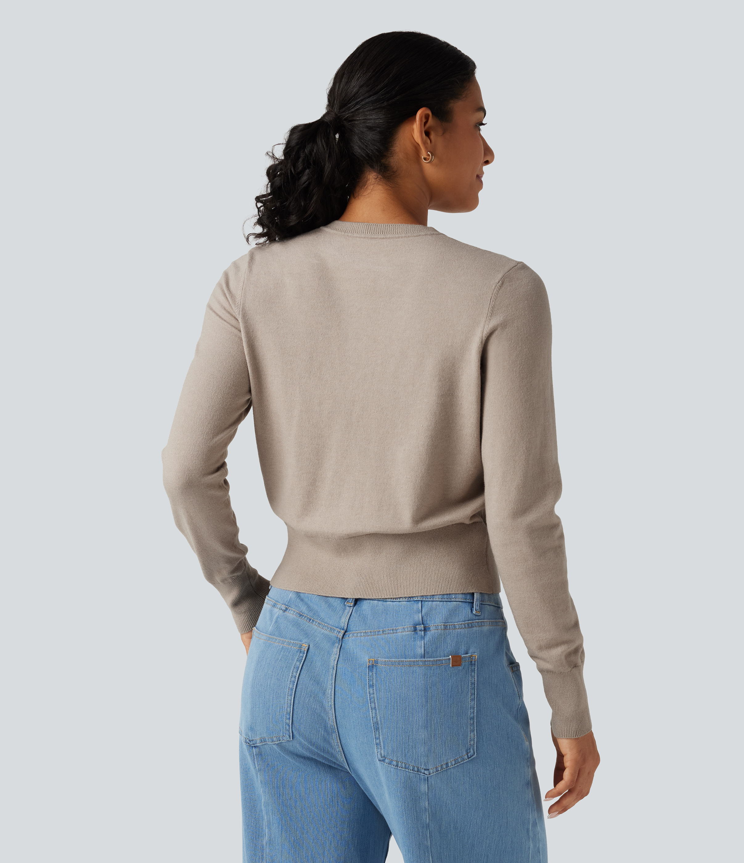 Pale Khaki Round Neck Long Sleeve Button Fly Work Cardigan / 2