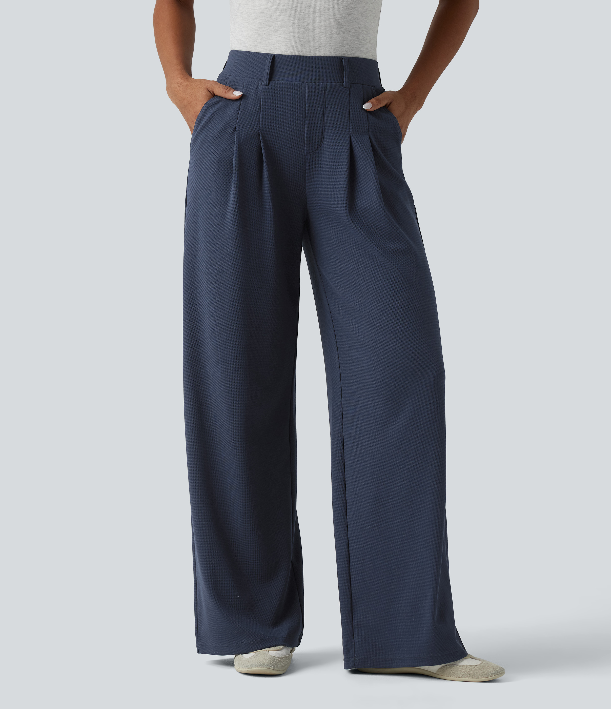 Pantalon décontracté large taille mi-haute gaufré avec poches