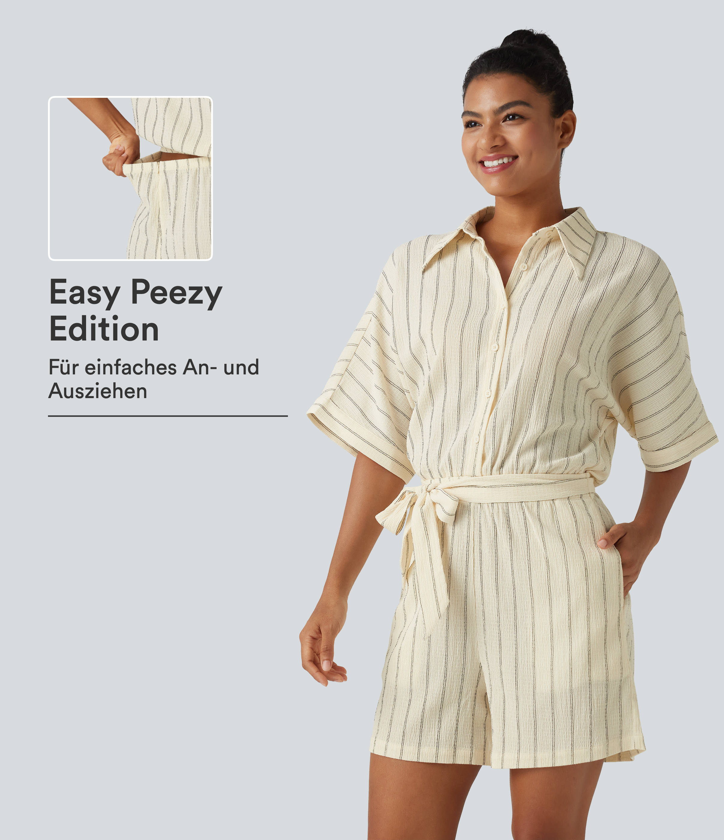 Lässiger Jumpsuit mit Seitentaschen, Fledermausärmeln, Streifen und Bindeband - Easy Peezy