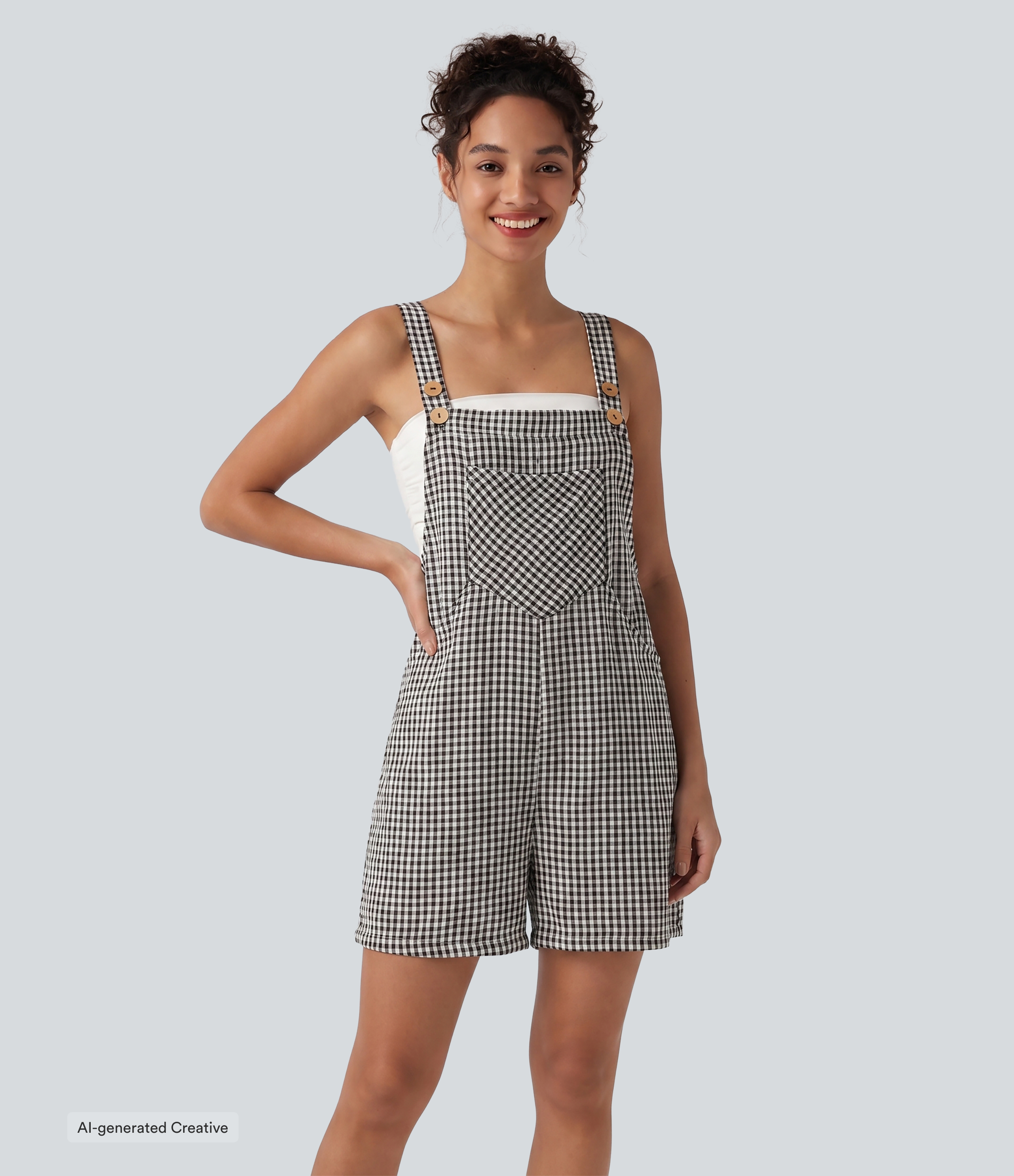 Plaid Casual Linen-Feel Short Overalls with Pockets
