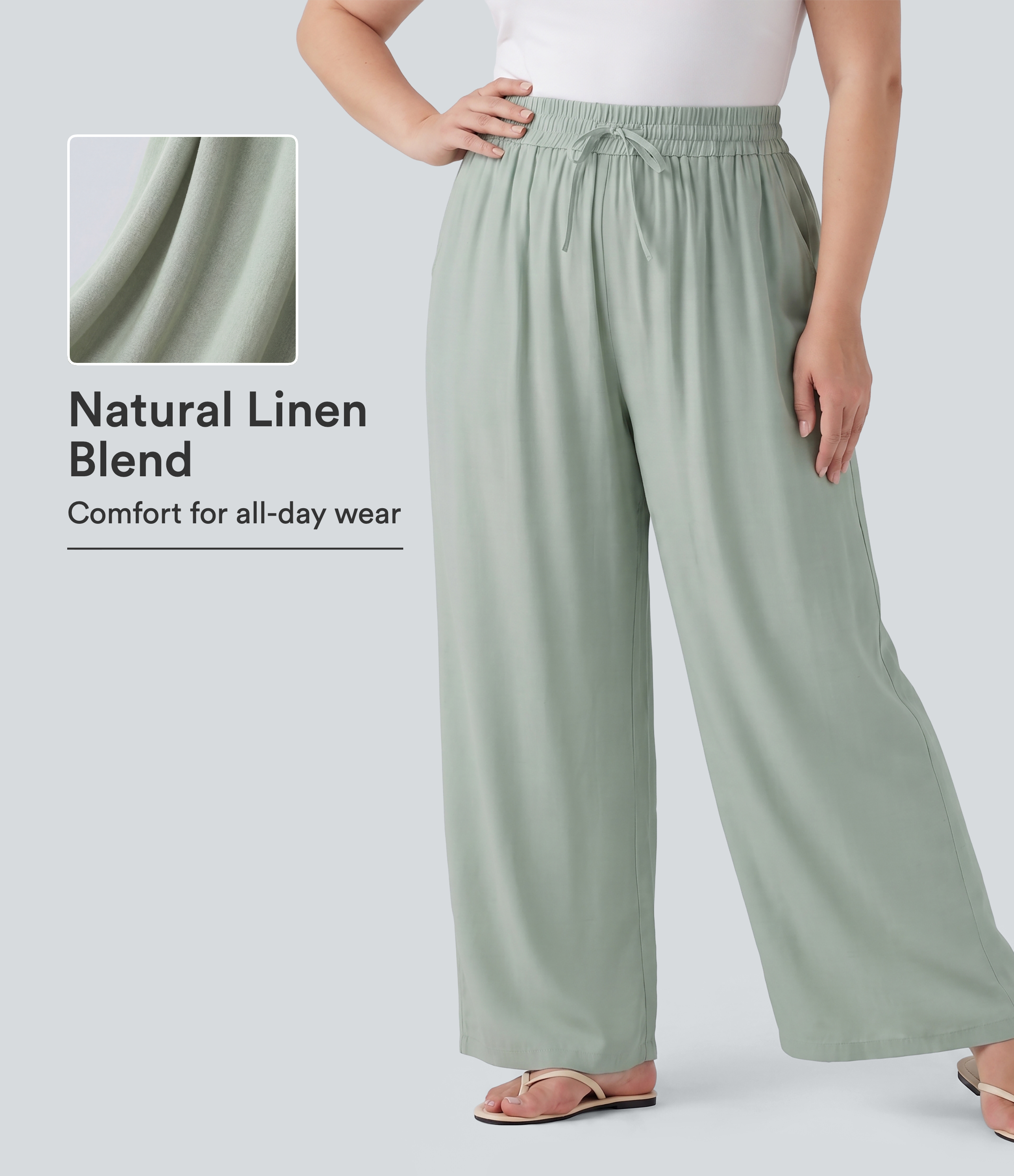 Plus Size High Waisted Drawstring Wide Leg Casual Linen-Blend Pants with Pockets