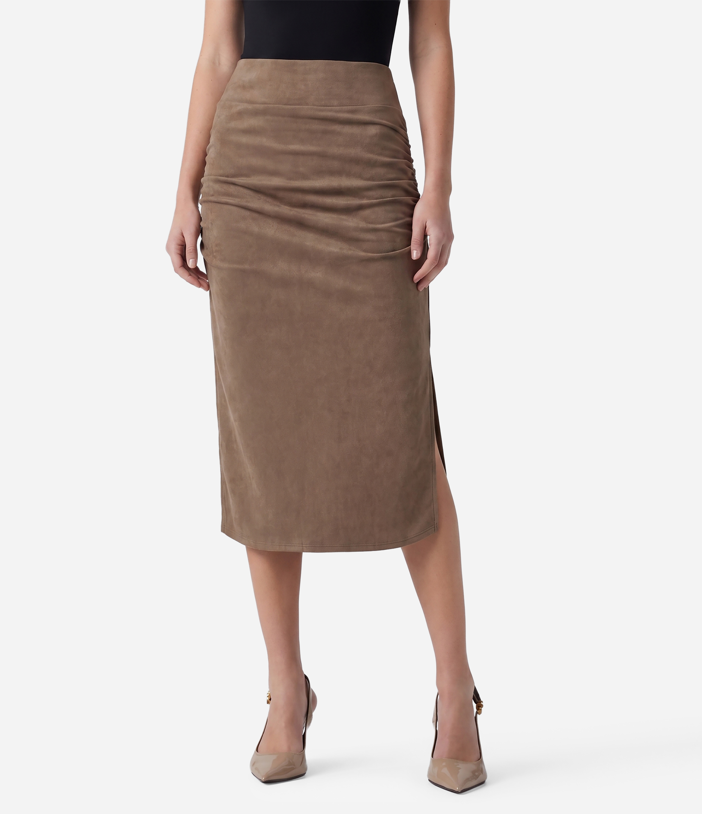 High Waisted Tummy Control Ruched Bodycon 2-in-1 Suede Midi Skirt