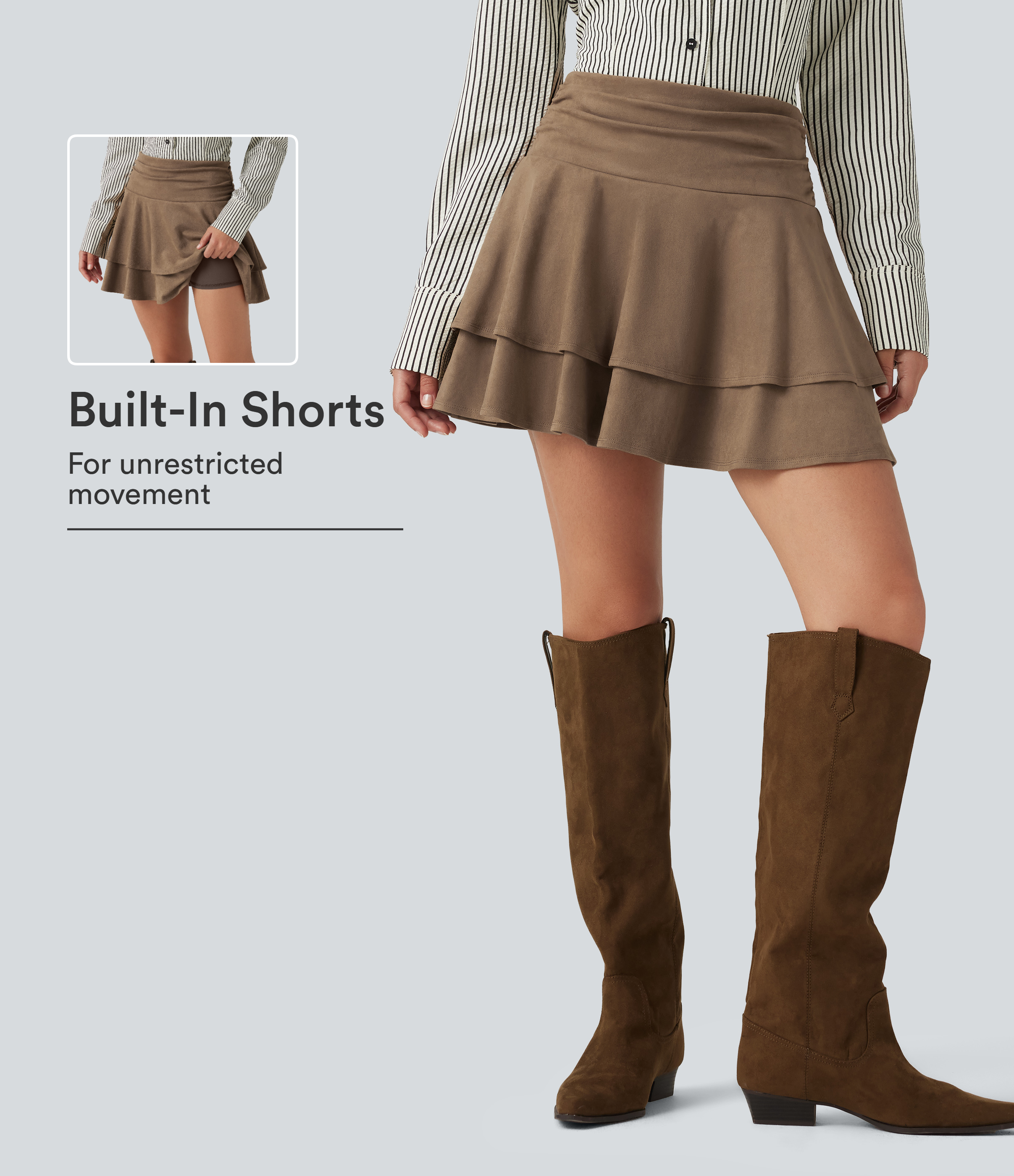 Mini-jupe décontractée en suède 2 en 1, taille haute, froncée et superposée.