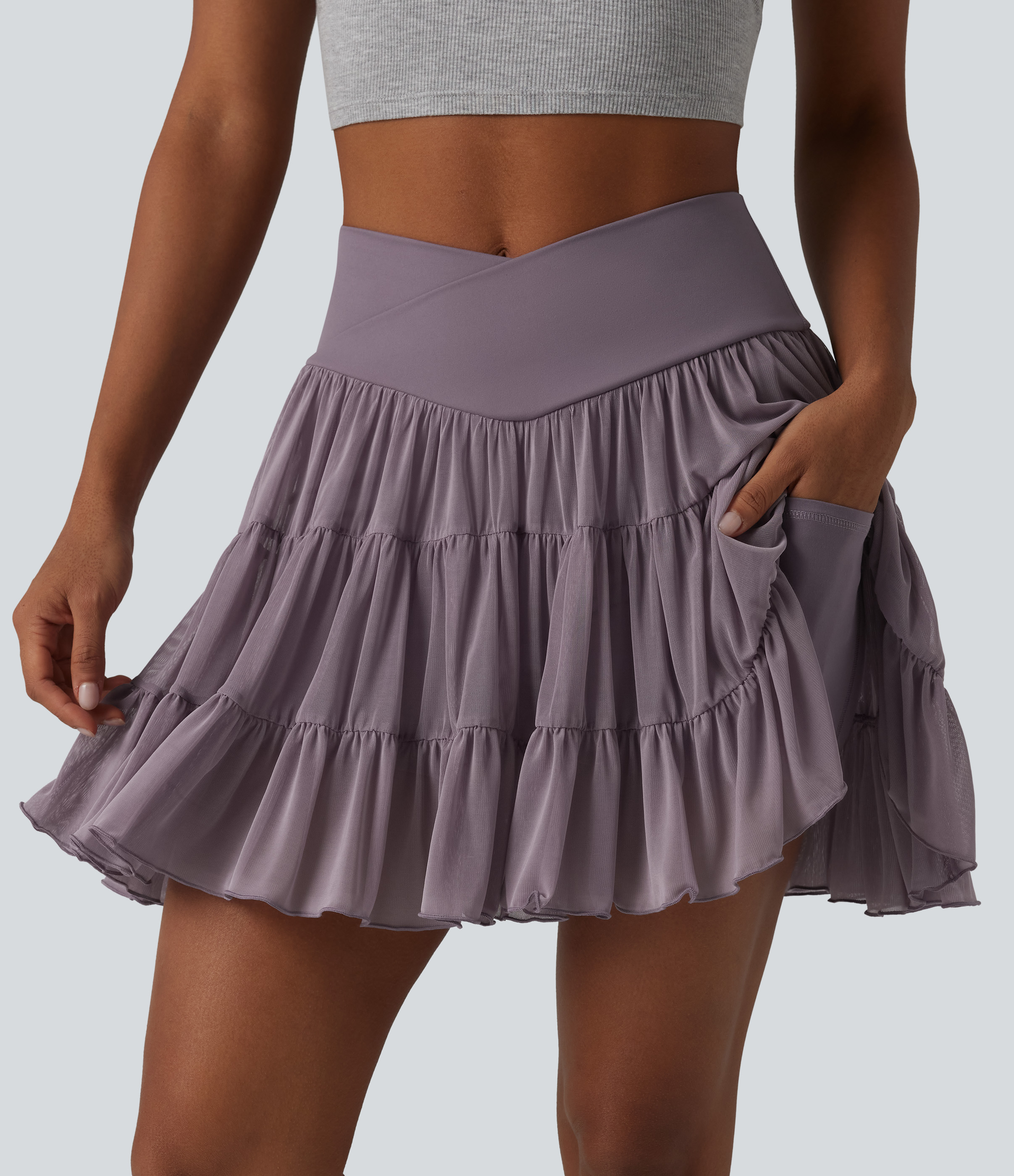 High Waisted Crossover Flowy 2-in-1 Mini Tennis Skirt with Pockets-Longer Length