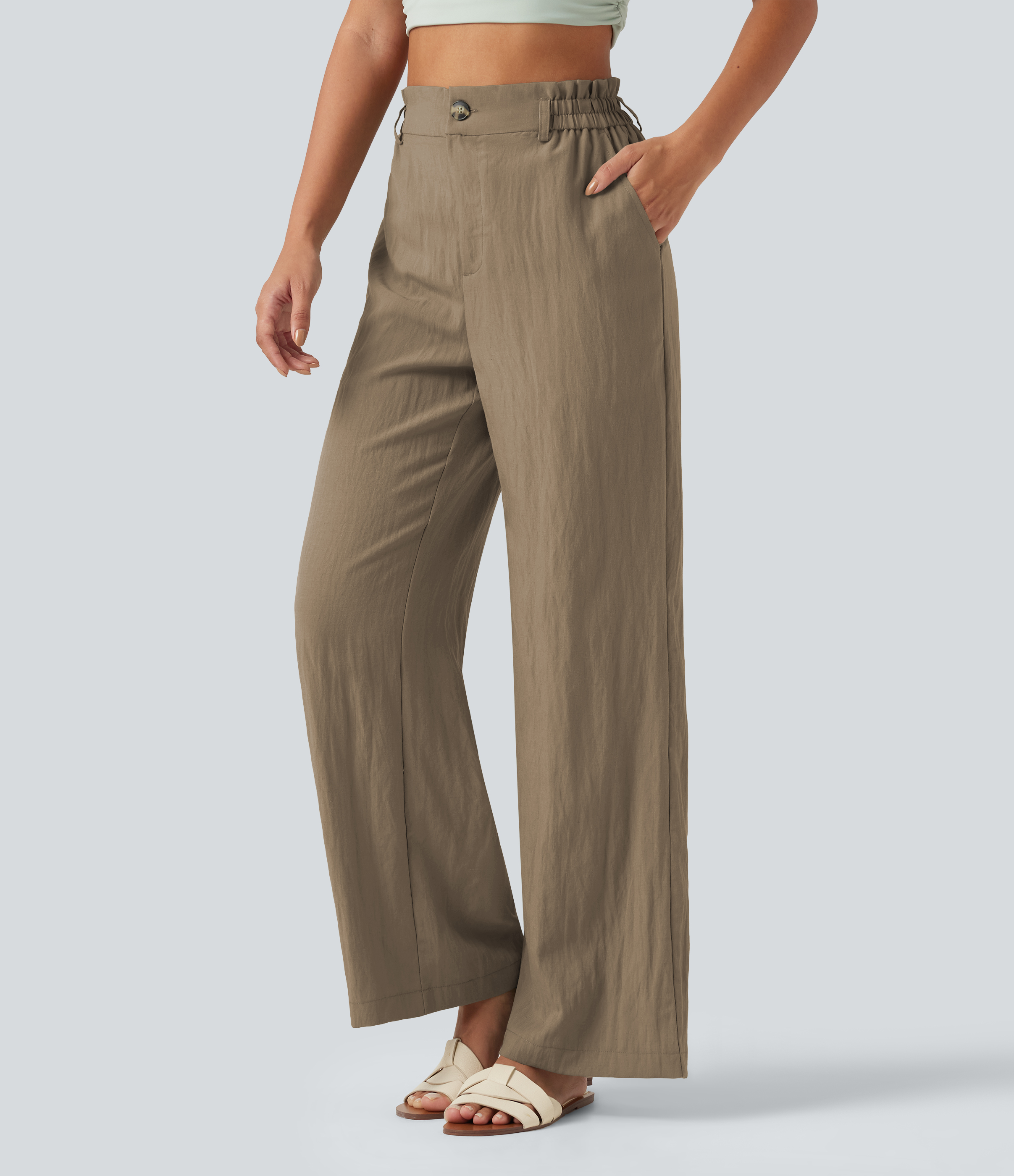 High Waisted Wide Leg Casual Linen-Blend Pants with Pockets